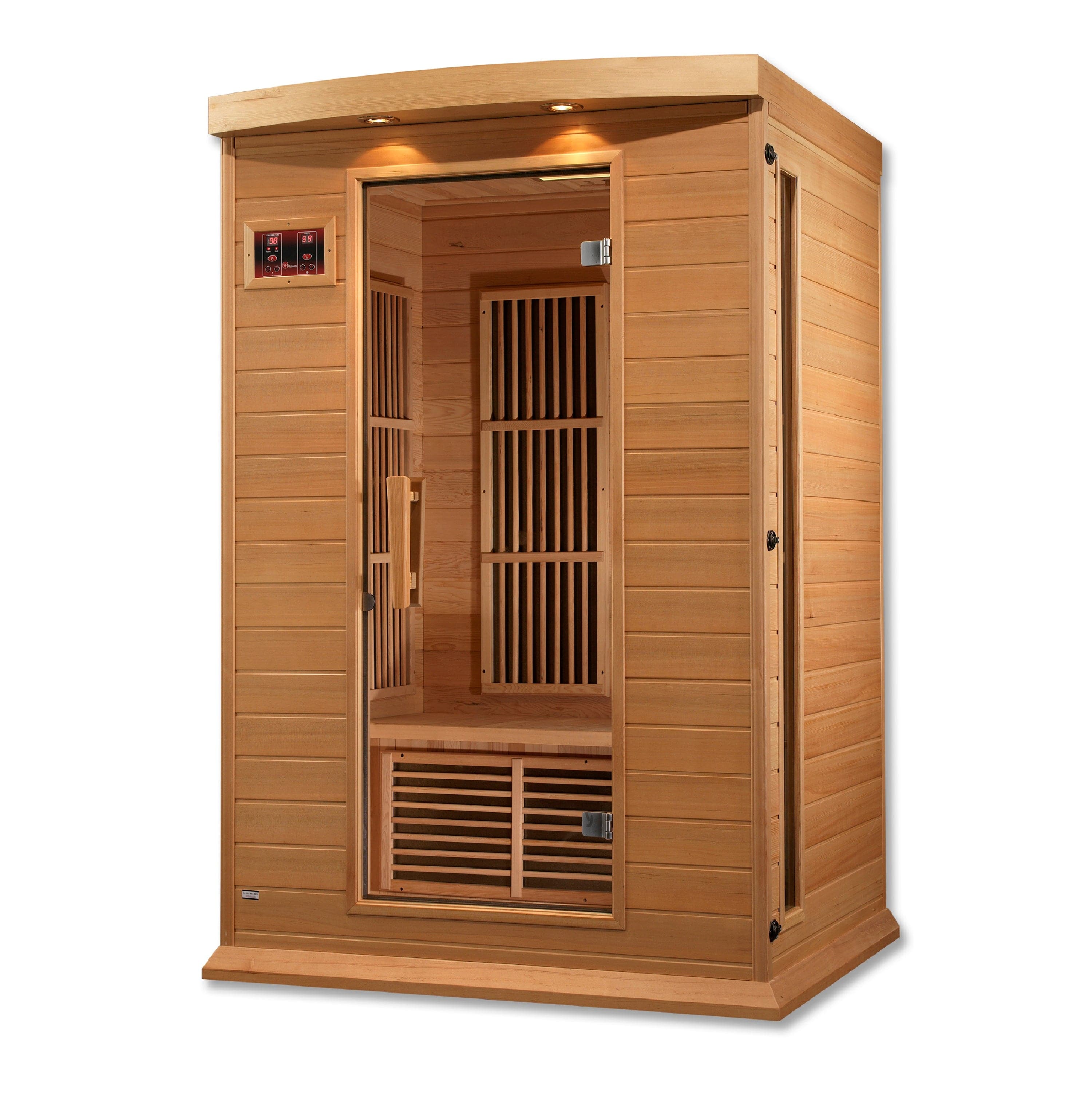 Maxxus 2-Person Infrared Sauna MX-K206-01 crafted from Canadian Hemlock wood with low EMF far infrared heating for home relaxation.