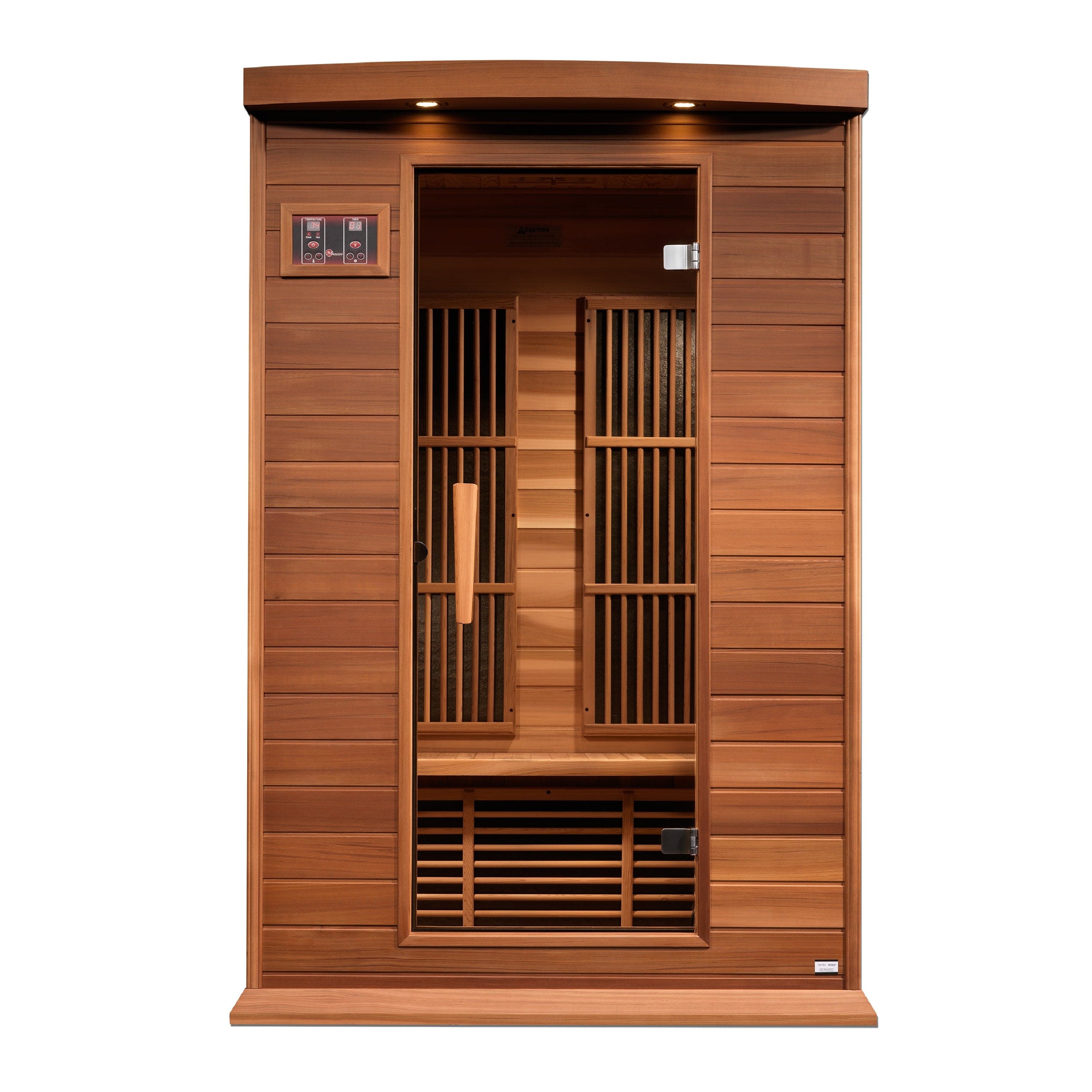Maxxus 2-person infrared sauna in Canadian red cedar wood with near zero EMF heating and modern glass door design.