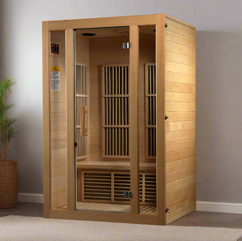 Spacious 2-person Maxxus infrared sauna with energy-efficient heating technology and natural Canadian Hemlock finish.
