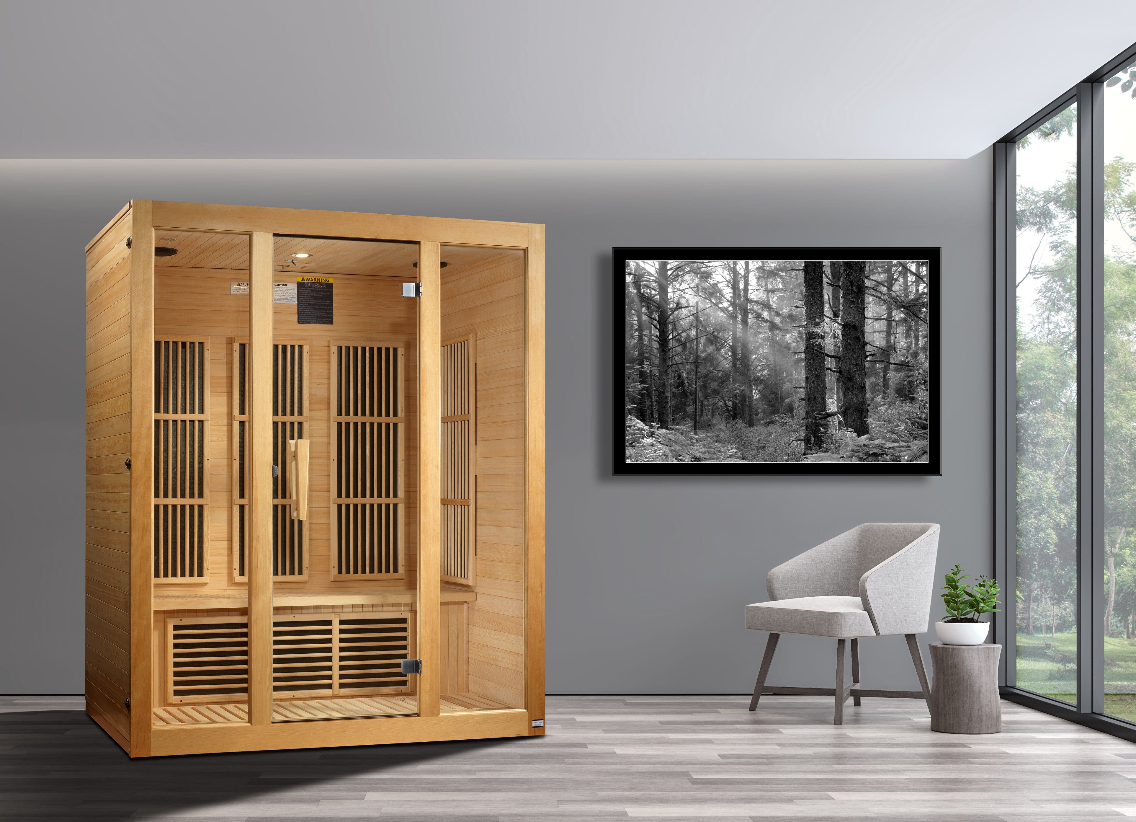 Maxxus Bellevue 3-person infrared sauna cabin with low EMF heating and premium Canadian Hemlock wood design