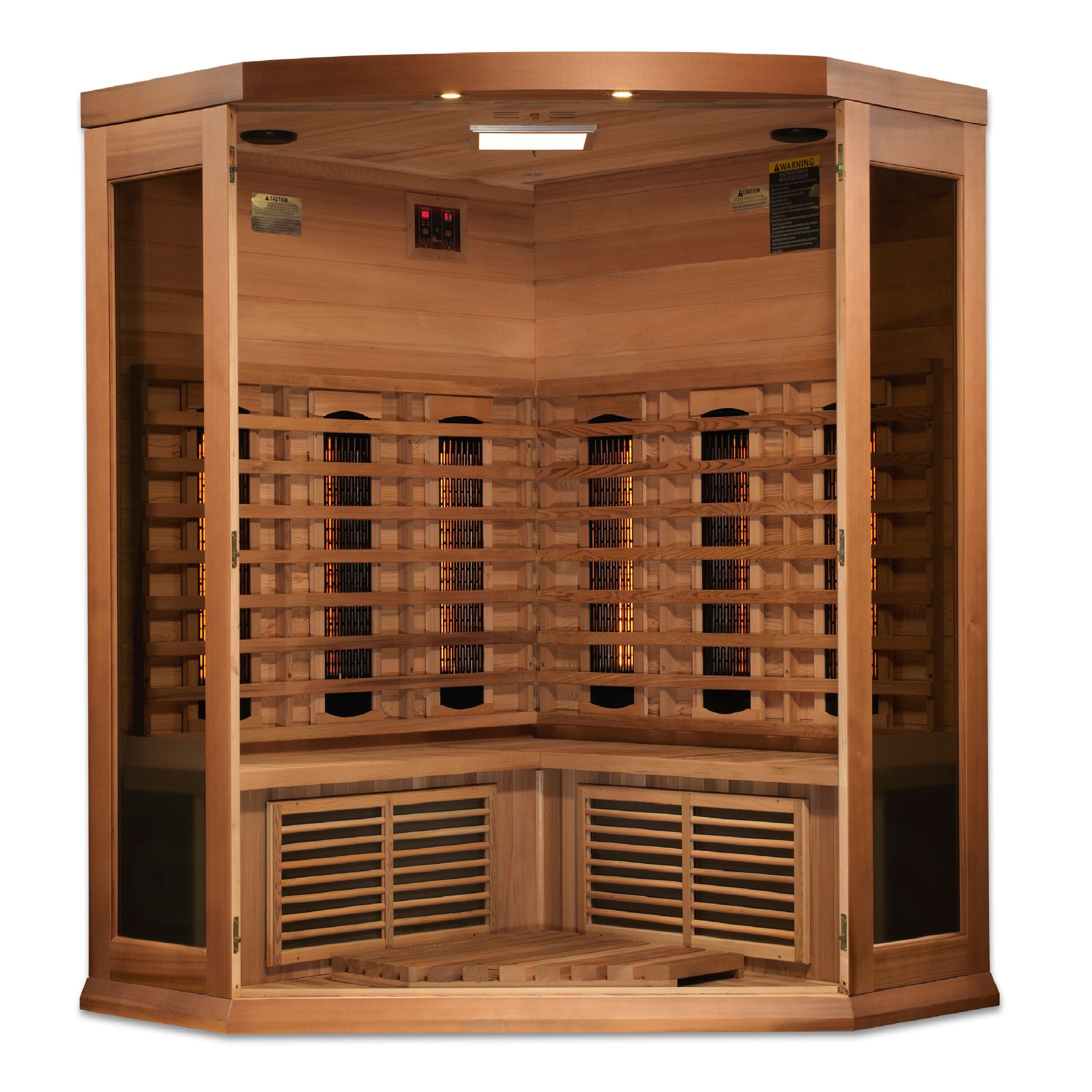 Interior view of Maxxus 3-Person Corner Infrared Sauna featuring Canadian Red Cedar wood and Full Spectrum infrared heating panels.