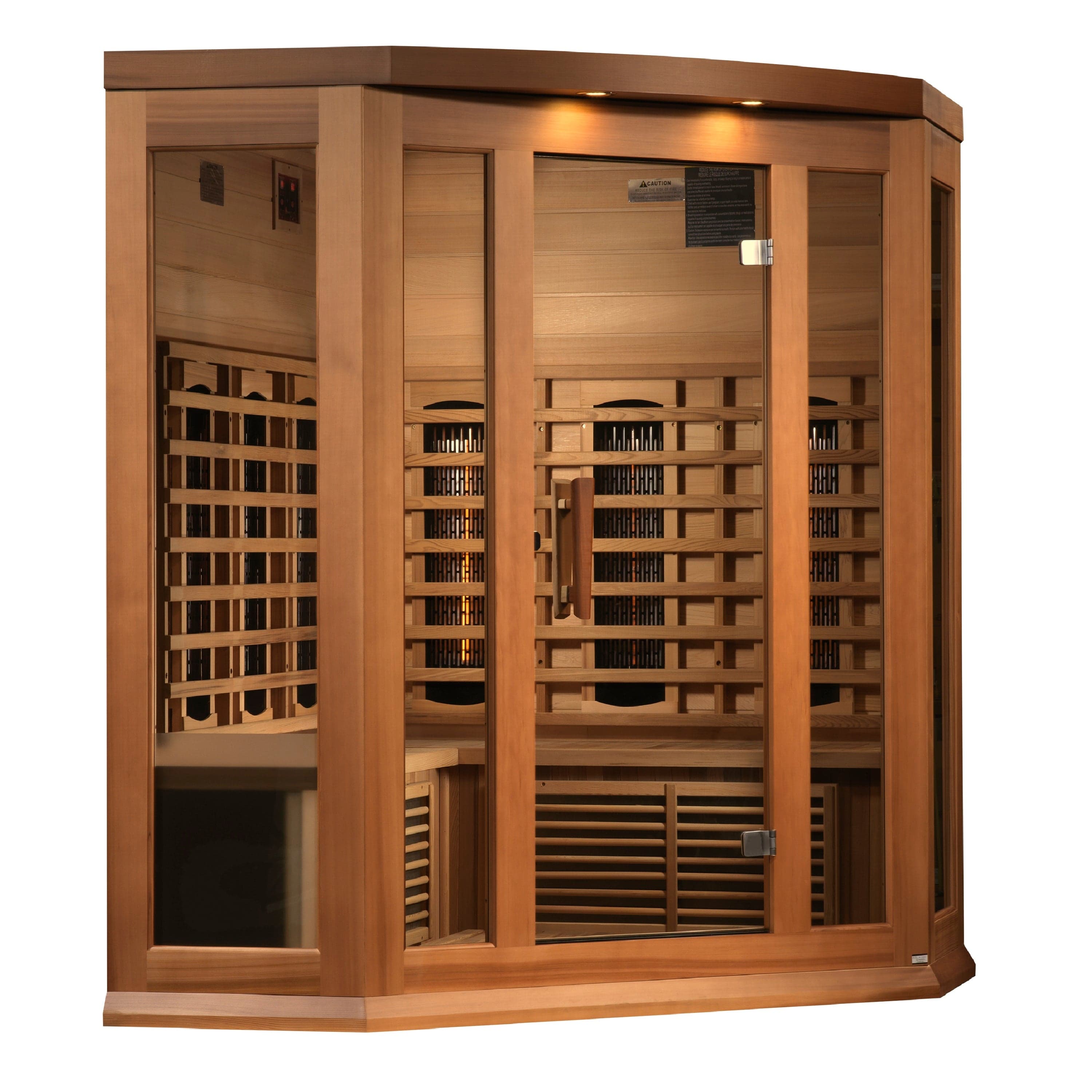 MX-M356-01-FS CED Maxxus 3-Person Corner Full Spectrum Infrared Sauna crafted from Canadian Red Cedar with Near Zero EMF heating panels, chromotherapy lighting, privacy glass, and premium indoor wellness design.