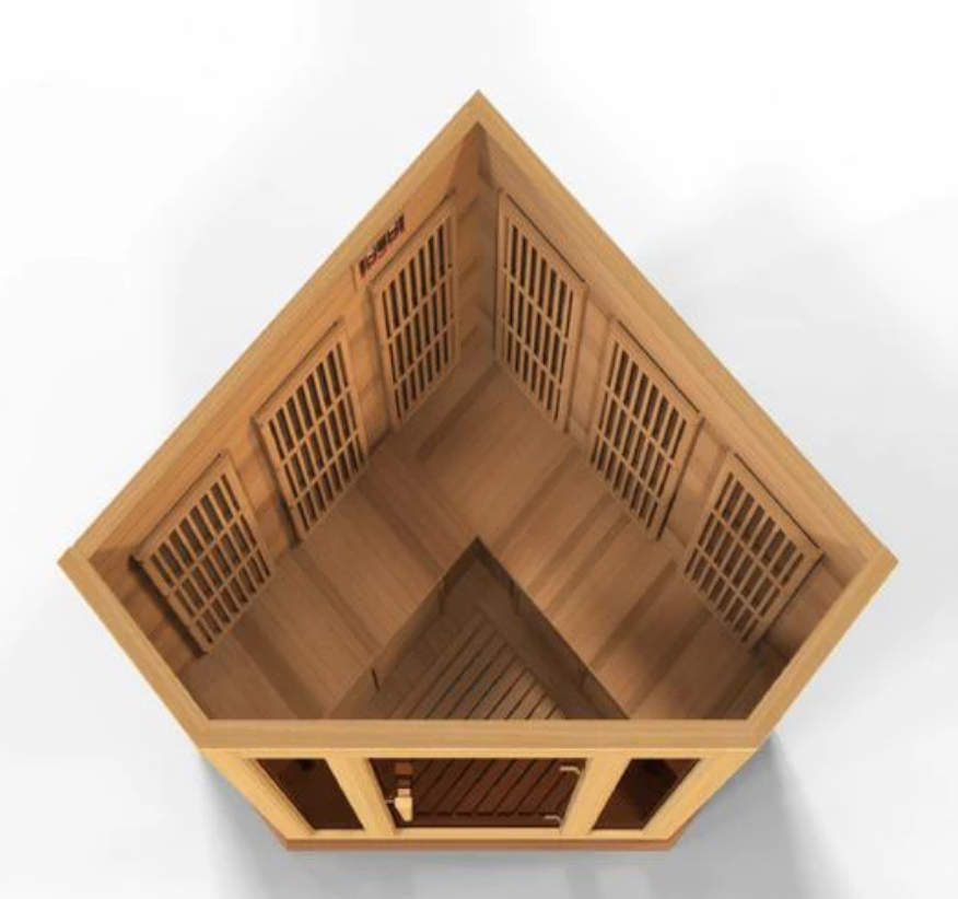 Luxury Maxxus corner infrared sauna for 3 people made with Canadian red cedar, Near Zero EMF heaters, privacy glass, and multi-function digital control panel