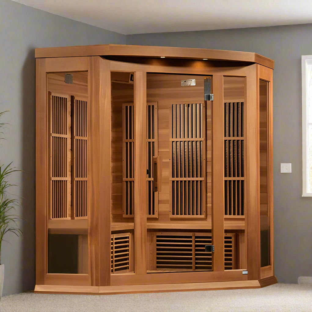 Maxxus 3-person home corner sauna made from Canadian red cedar with Near Zero EMF far infrared heaters, privacy glass door, and digital control panel