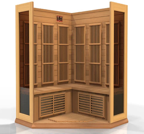 Corner Maxxus MX-K356-01-ZF infrared sauna for 3 people featuring low EMF technology, chromotherapy lighting, and premium red cedar cabin design
