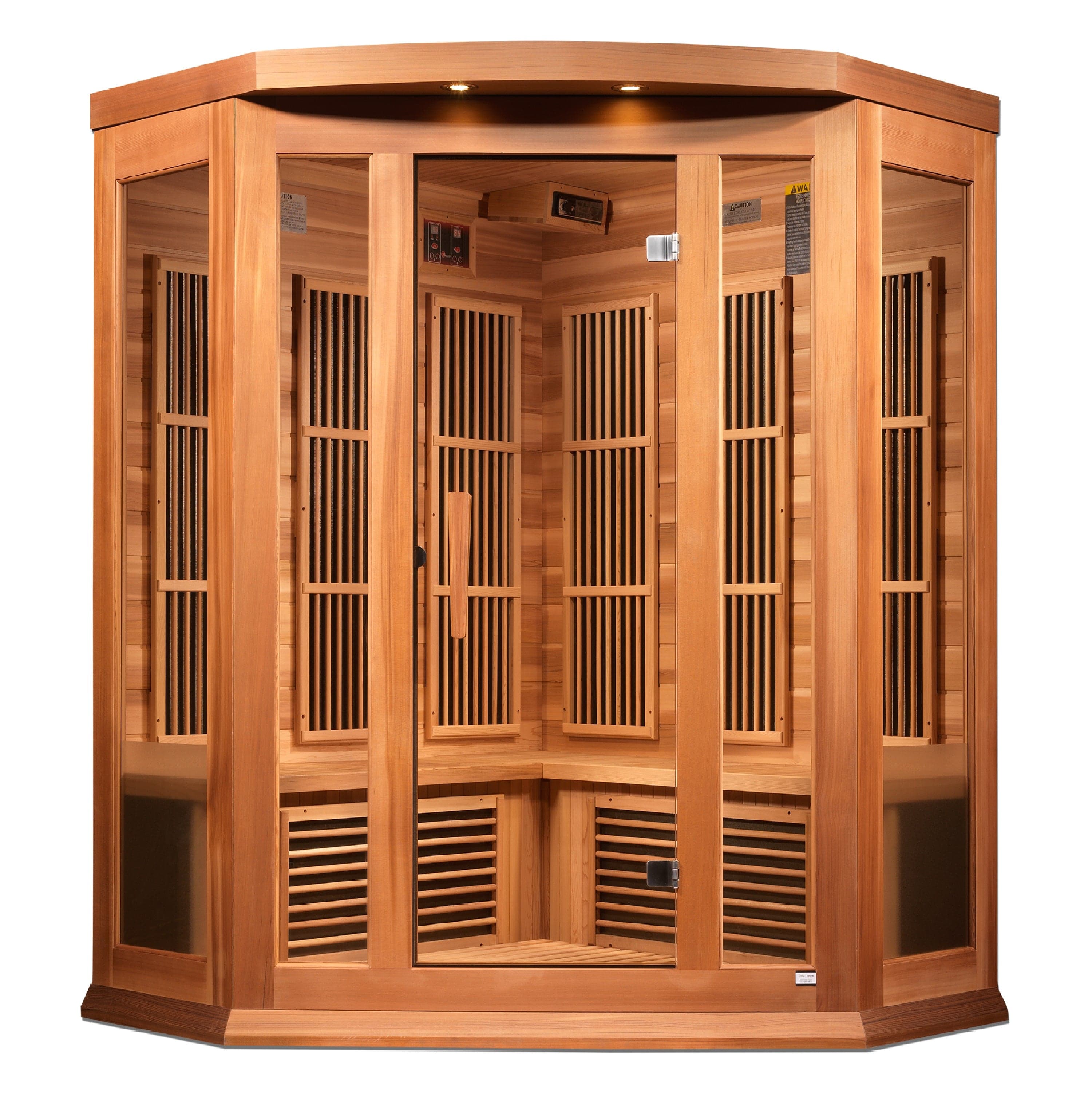 Maxxus MX-K356-01-ZF 3-Person Corner Infrared Sauna Canadian Red Cedar Near Zero EMF with Bluetooth, FM radio, USB and chromotherapy lighting for home spa relaxation