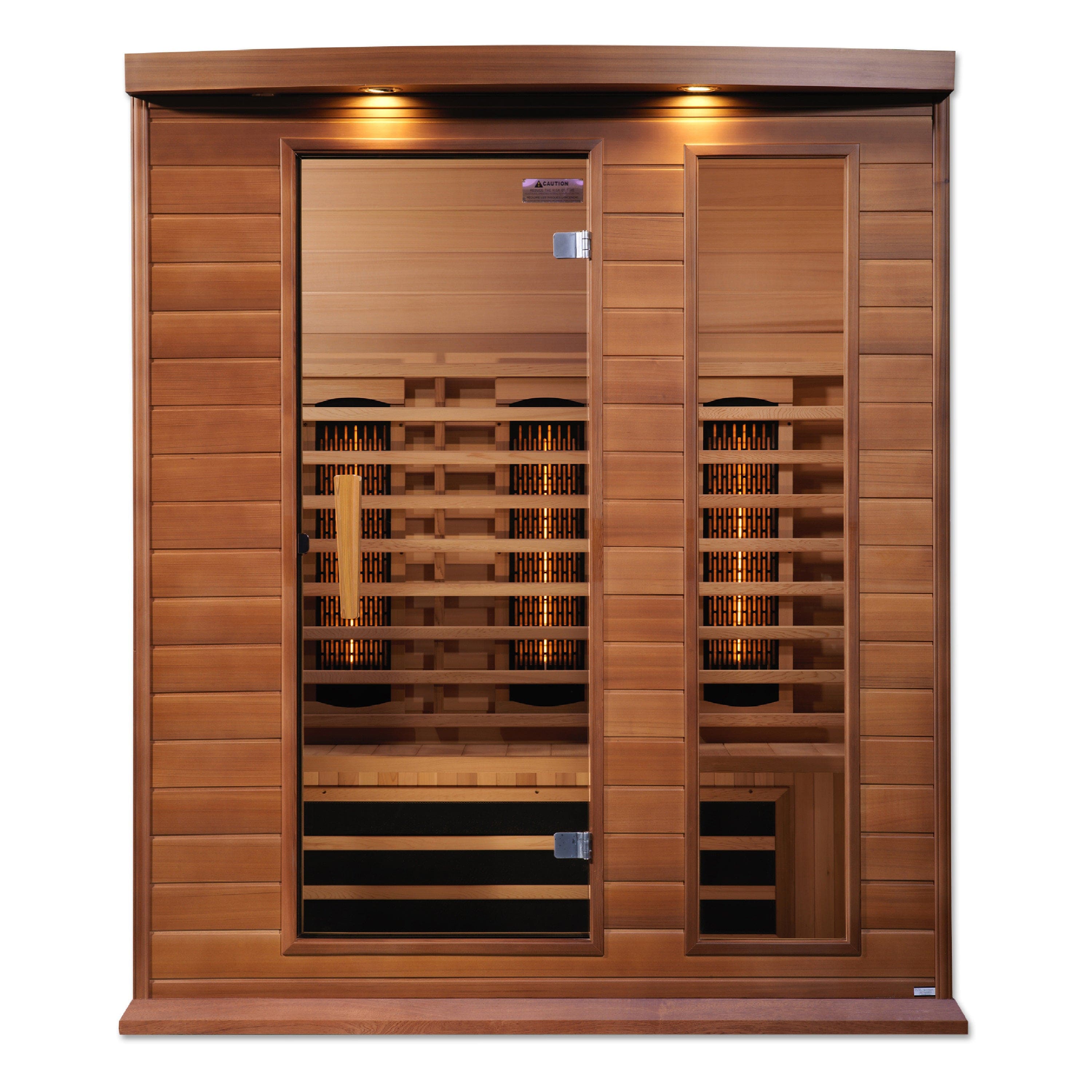 Maxxus 3-person infrared sauna cabin in Canadian red cedar featuring full spectrum heating and low EMF wellness technology