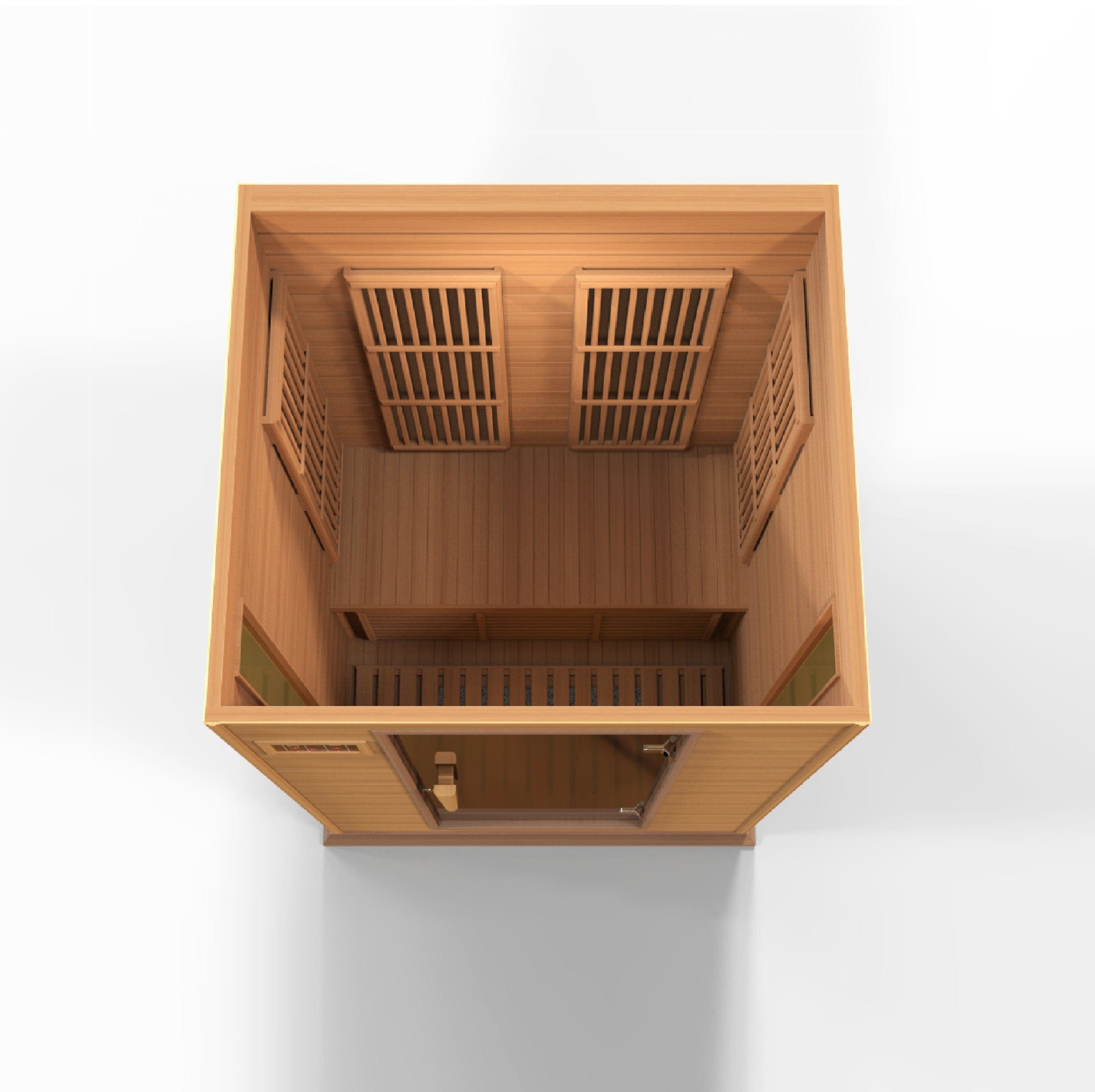 Inside view of Maxxus 3 Person cedar wood infrared sauna designed for therapeutic heat therapy, stress relief, and home spa wellness.
