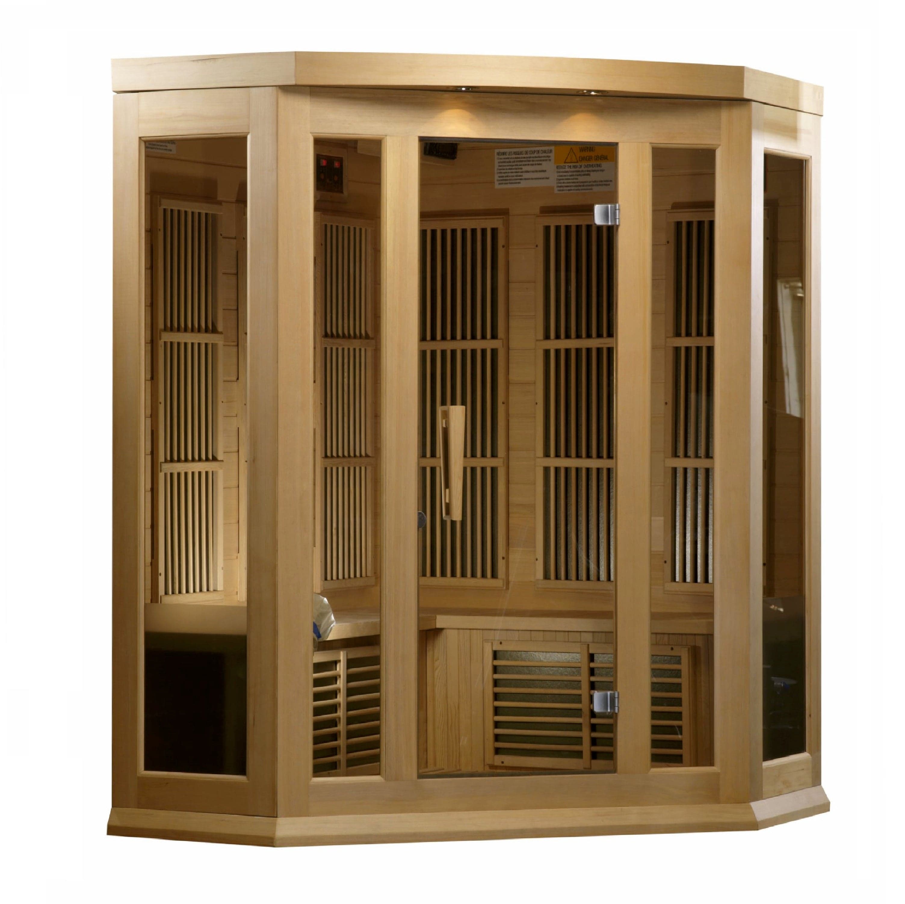 MX-K356-01 Maxxus 3-person low EMF FAR infrared corner sauna made with Canadian Hemlock wood, space-saving indoor design with full body heat therapy and modern wellness comfort.