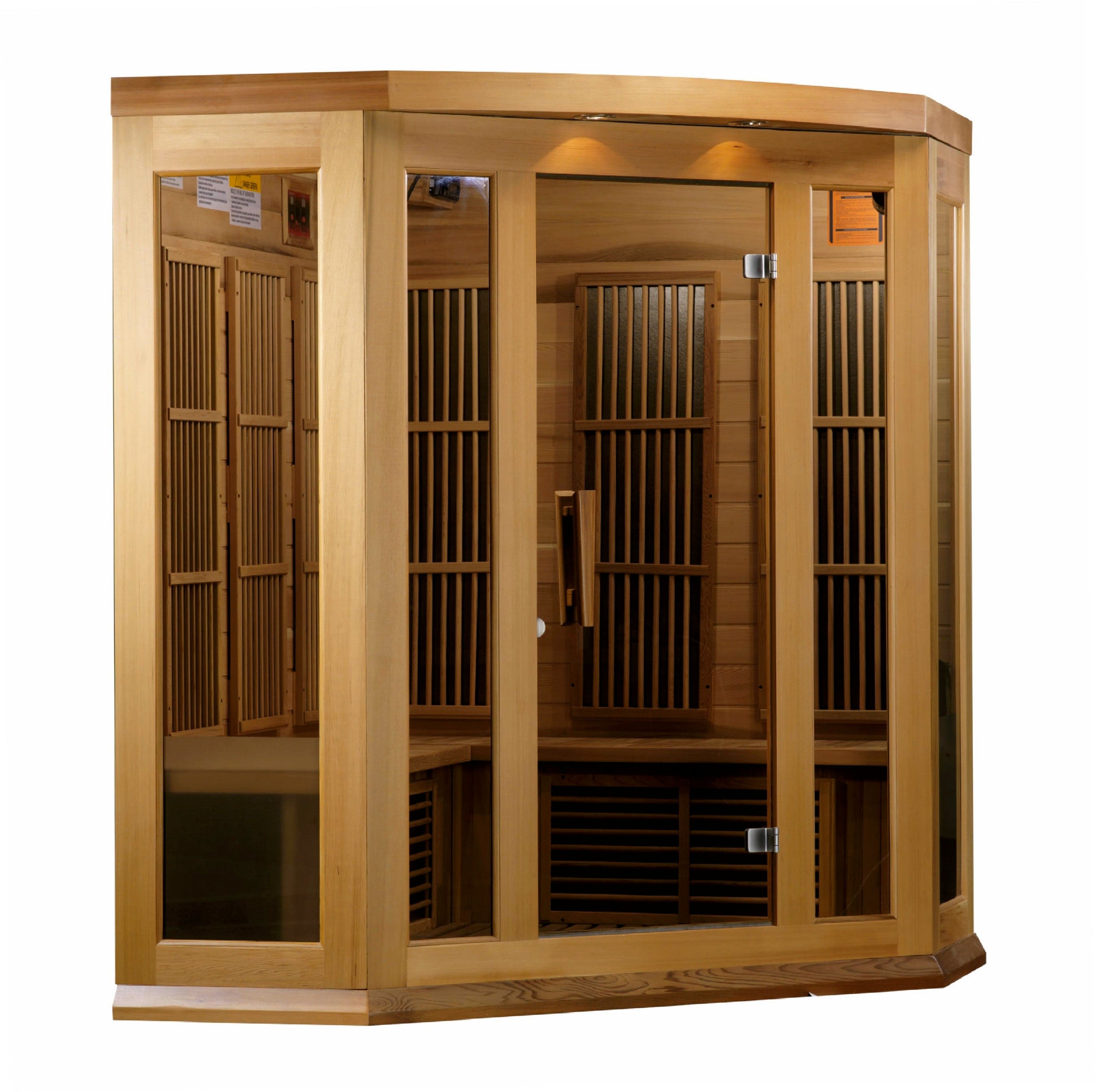 Maxxus 3-Person Corner Infrared Sauna in Canadian Red Cedar with low EMF heating for full-body relaxation and recovery