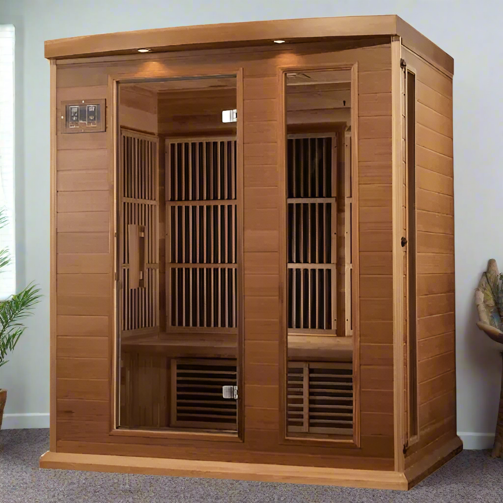 Near Zero EMF Maxxus 3-person FAR infrared sauna with Montilemar Edition finish and high-quality Canadian Red Cedar interior construction.