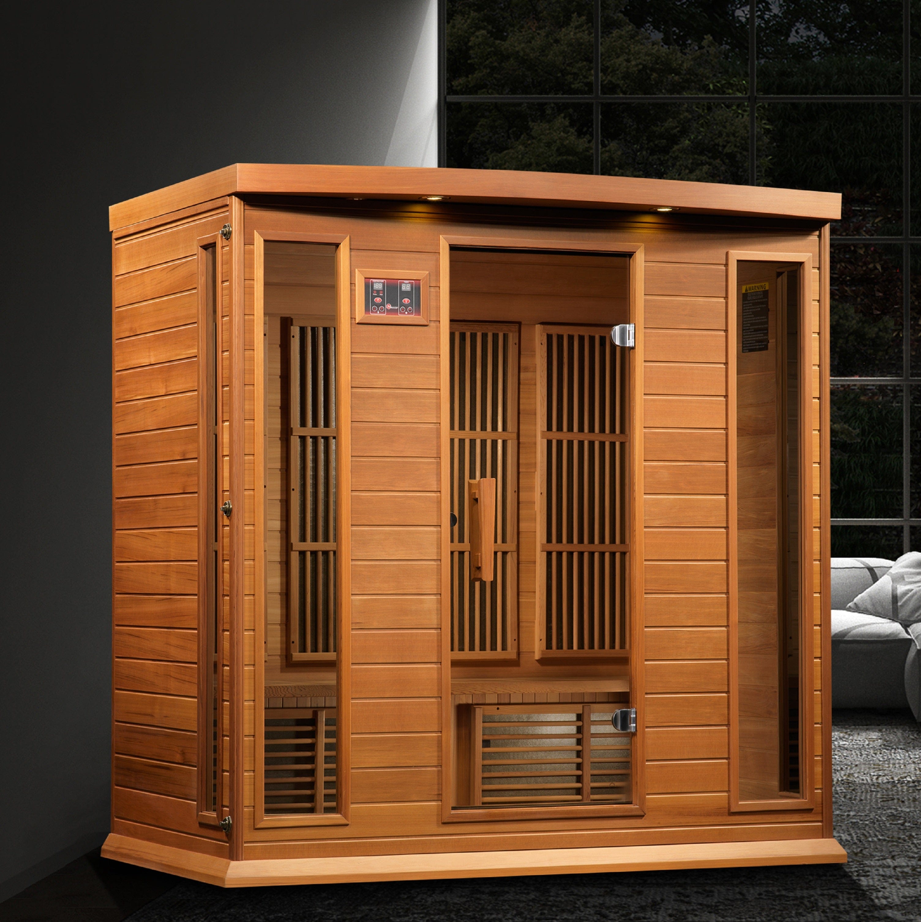 4-person Maxxus Chaumont Edition corner FAR infrared sauna built with premium Canadian red cedar and low EMF PureTech heating system