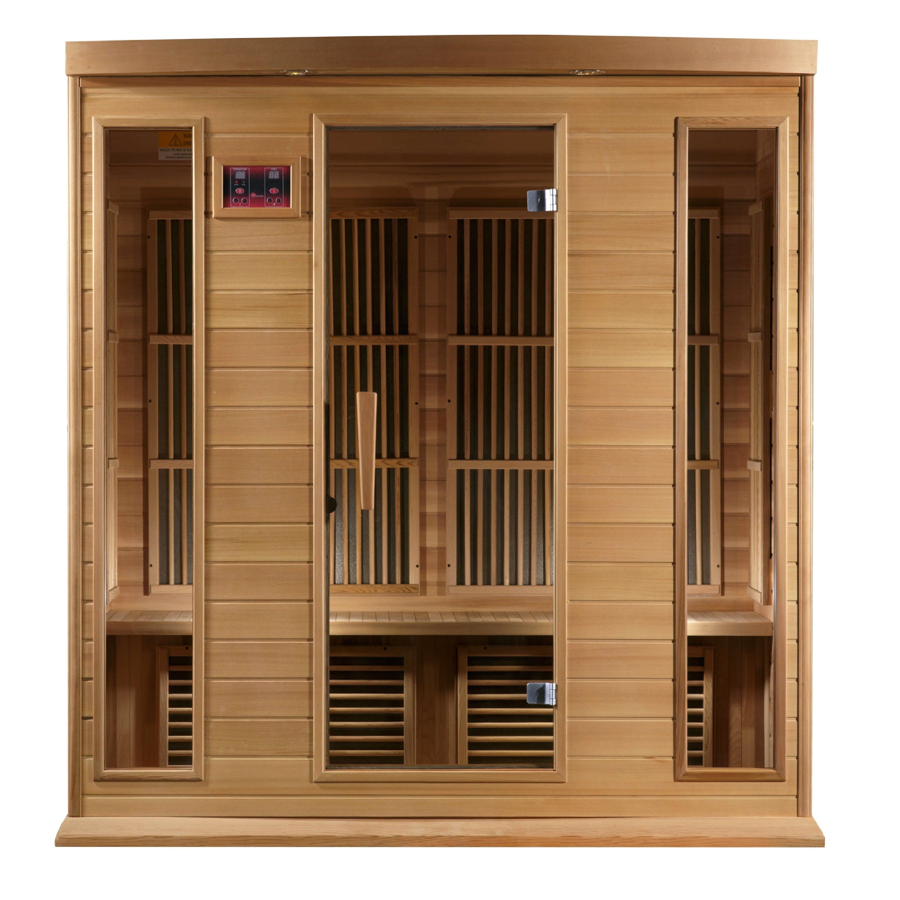 Maxxus 4 Person Low EMF Far Infrared Sauna made from premium Canadian red cedar wood designed for home wellness, relaxation, and full body infrared heat therapy