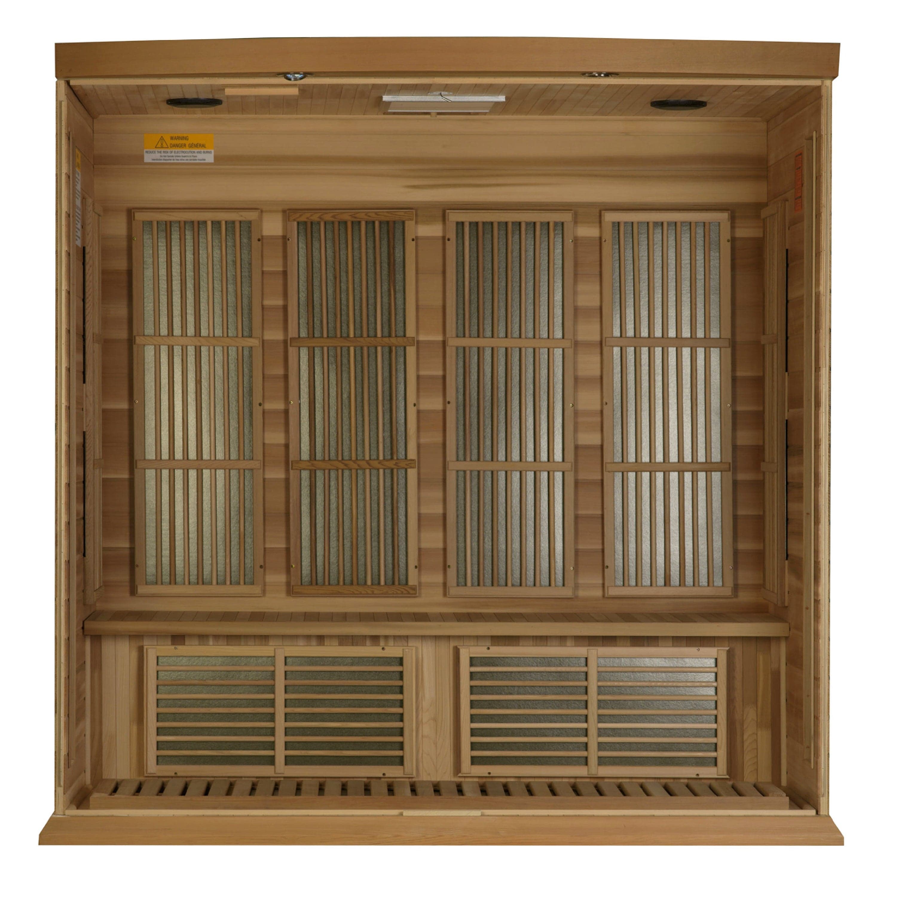 Maxxus 4 person home infrared sauna cabin built with Canadian red cedar wood featuring modern outdoor-style design and tempered glass door