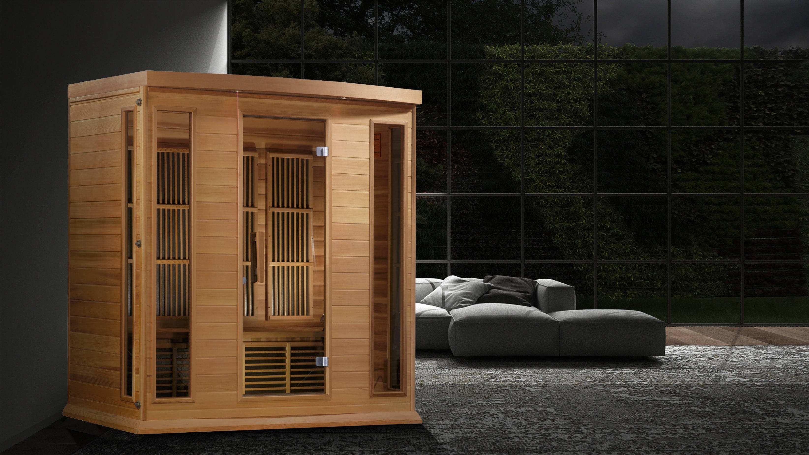 Maxxus infrared sauna with digital control panel, Bluetooth audio system, FM radio, USB and SD connectivity for a complete entertainment wellness experience