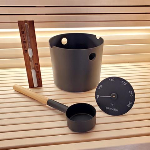 SaunaLife Bucket and Ladle Package 2 Scandinavian designed sauna accessory set featuring lightweight powder-coated aluminum bucket and bamboo handle ladle, crafted in Finland for modern home sauna use