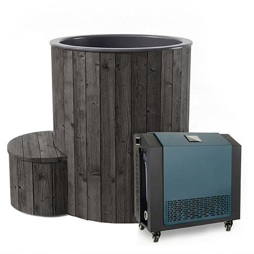 SaunaLife Model S1NC cold plunge and hot soak system with premium Thermo-Spruce plunge tub and chiller heater unit for contrast therapy, inflammation reduction and recovery at home