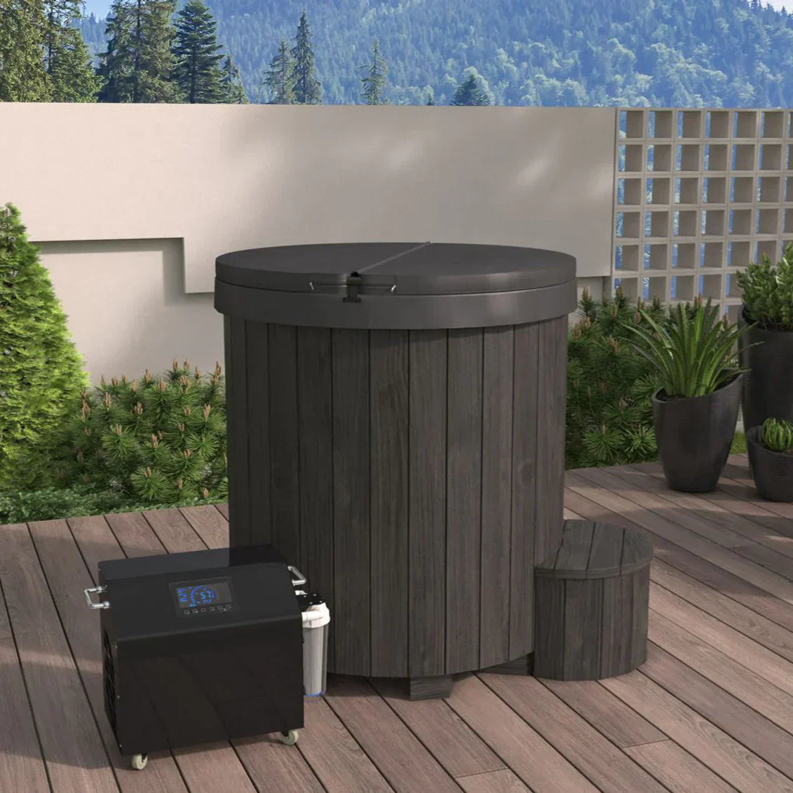 SaunaLife S1B 1-person outdoor hot and cold plunge tub in black thermo-pine wood for recovery, muscle therapy, and wellness relaxation