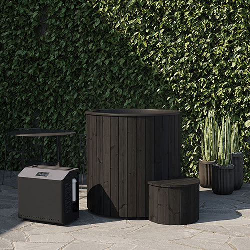 SaunaLife S1B 1-person hot and cold plunge tub outdoor wellness recovery spa in black thermo-pine