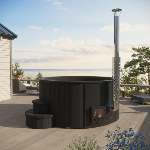 SaunaLife SOAK-Series Model S4 outdoor wood-burning hot tub premium handcrafted soaking tub for luxury backyard spa relaxation and wellness use