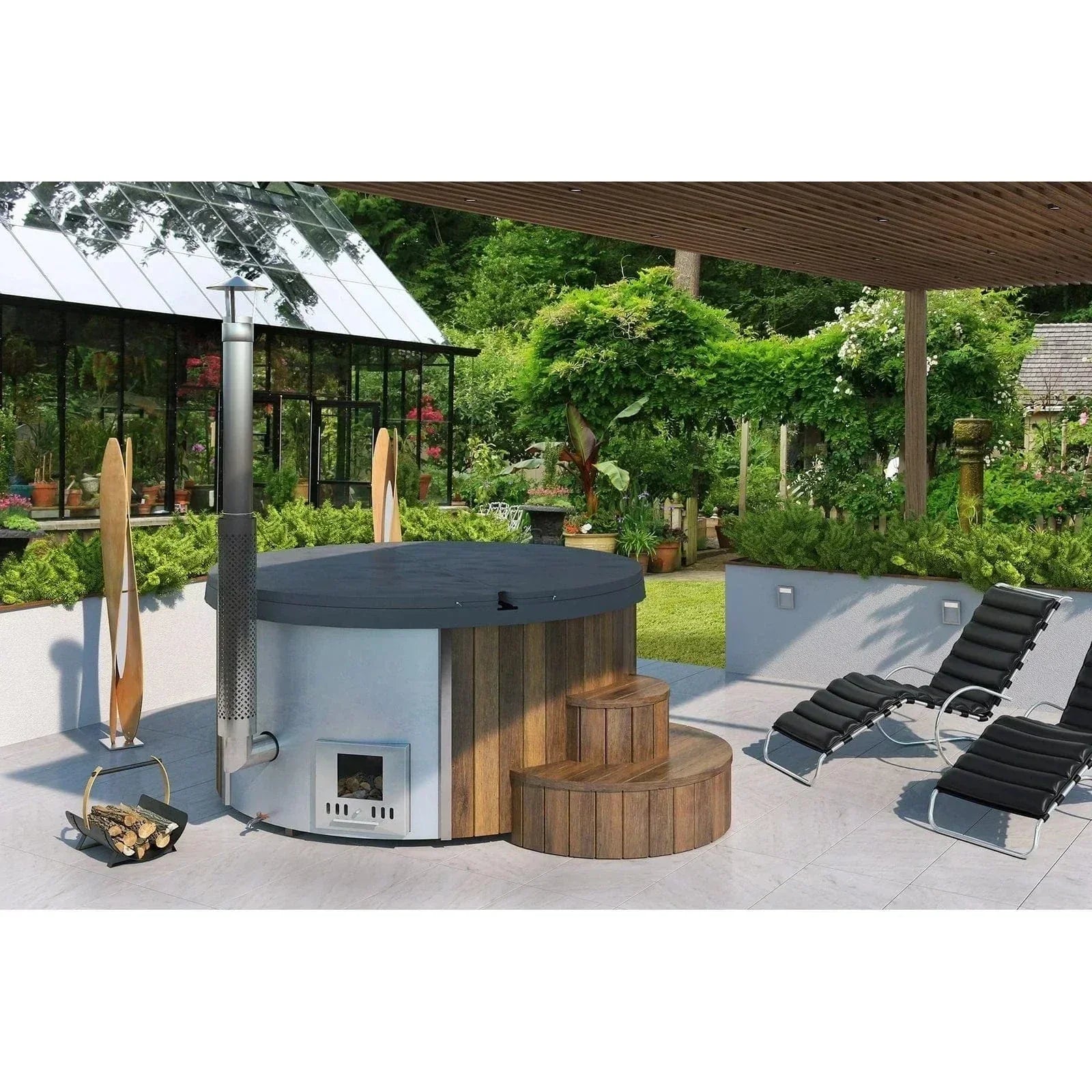 Luxury SaunaLife S4N wood-burning hot tub, outdoor spa for 6 people, SOAK-Series natural finish wellness tub