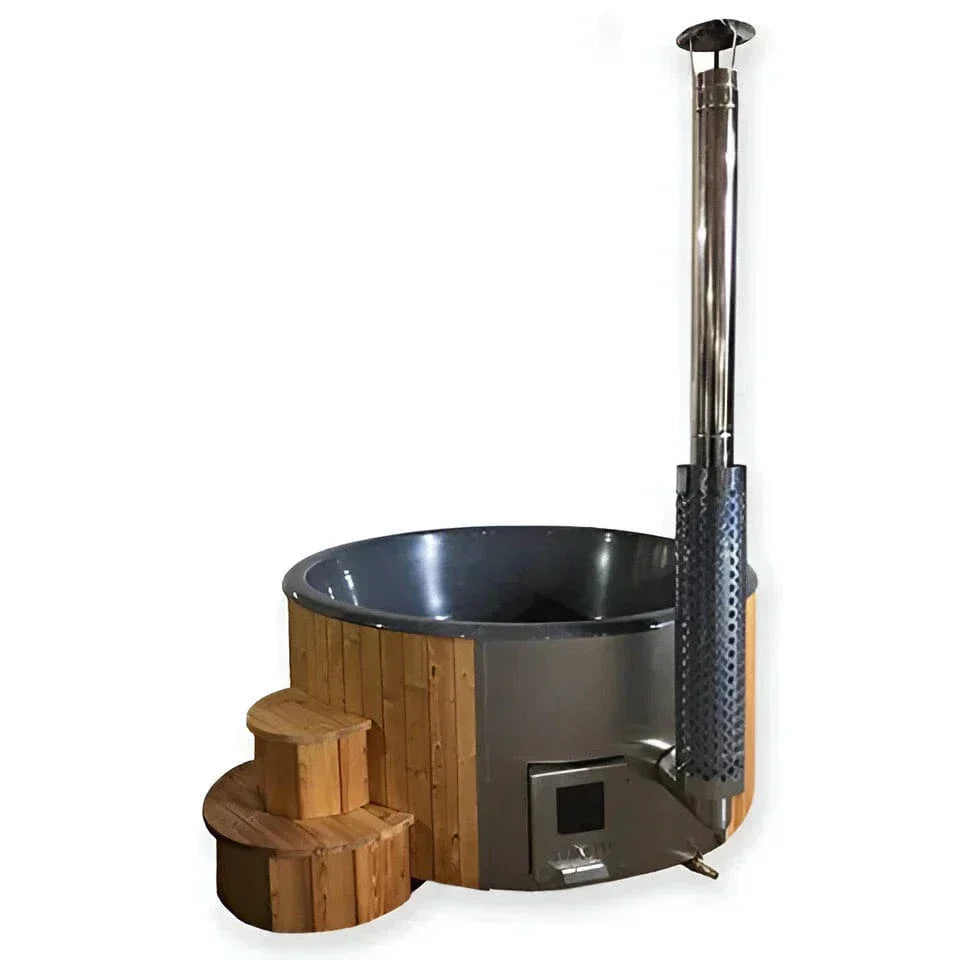 SaunaLife SOAK-Series Model S4N outdoor wood-burning hot tub, natural wood finish, up to 6 person capacity luxury home spa soaking tub