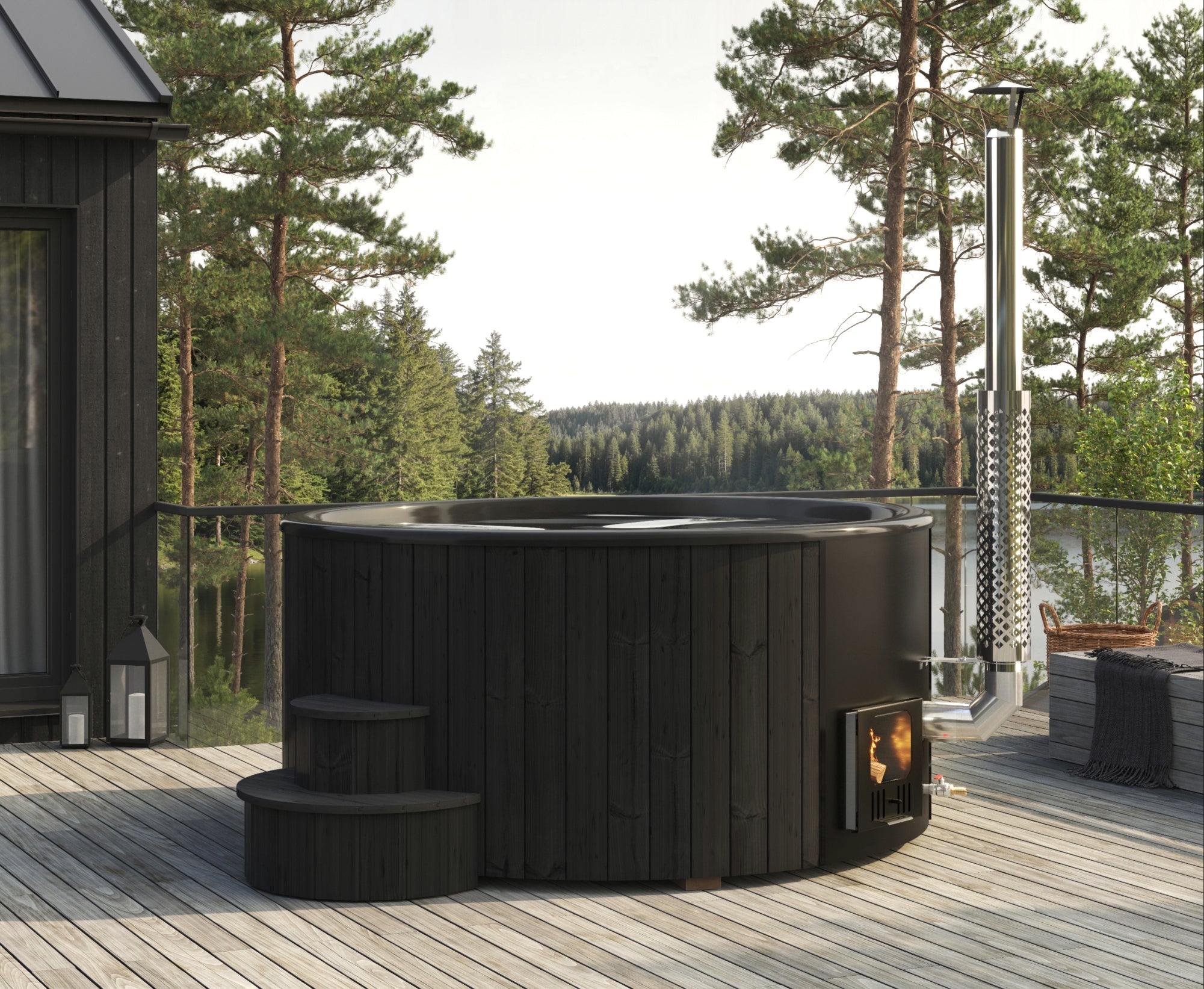 SaunaLife SOAK-Series Model S6B wood-fired plunge tub, black outdoor cold plunge and hot soak barrel, premium 7-person wellness spa tub, 430-gallon capacity
