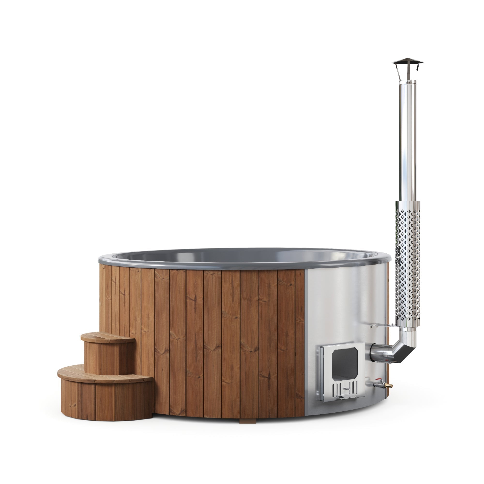 SaunaLife SOAK-Series Model S6N wood-burning hot tub for up to 7 persons, premium Nordic-crafted outdoor spa with fast heat-up, no electricity required, natural wood finish luxury soaking tub