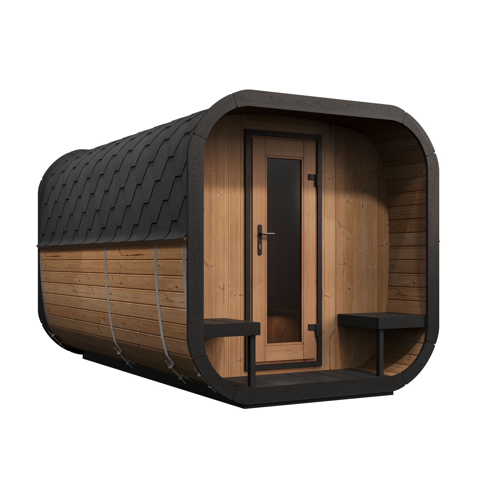 SaunaLife Model CL12GCP 8 Person Cube Series Luxury Outdoor Sauna Kit with Changing Room, Front Porch, Bronze Tempered Glass Window and Premium Backyard Wellness Design