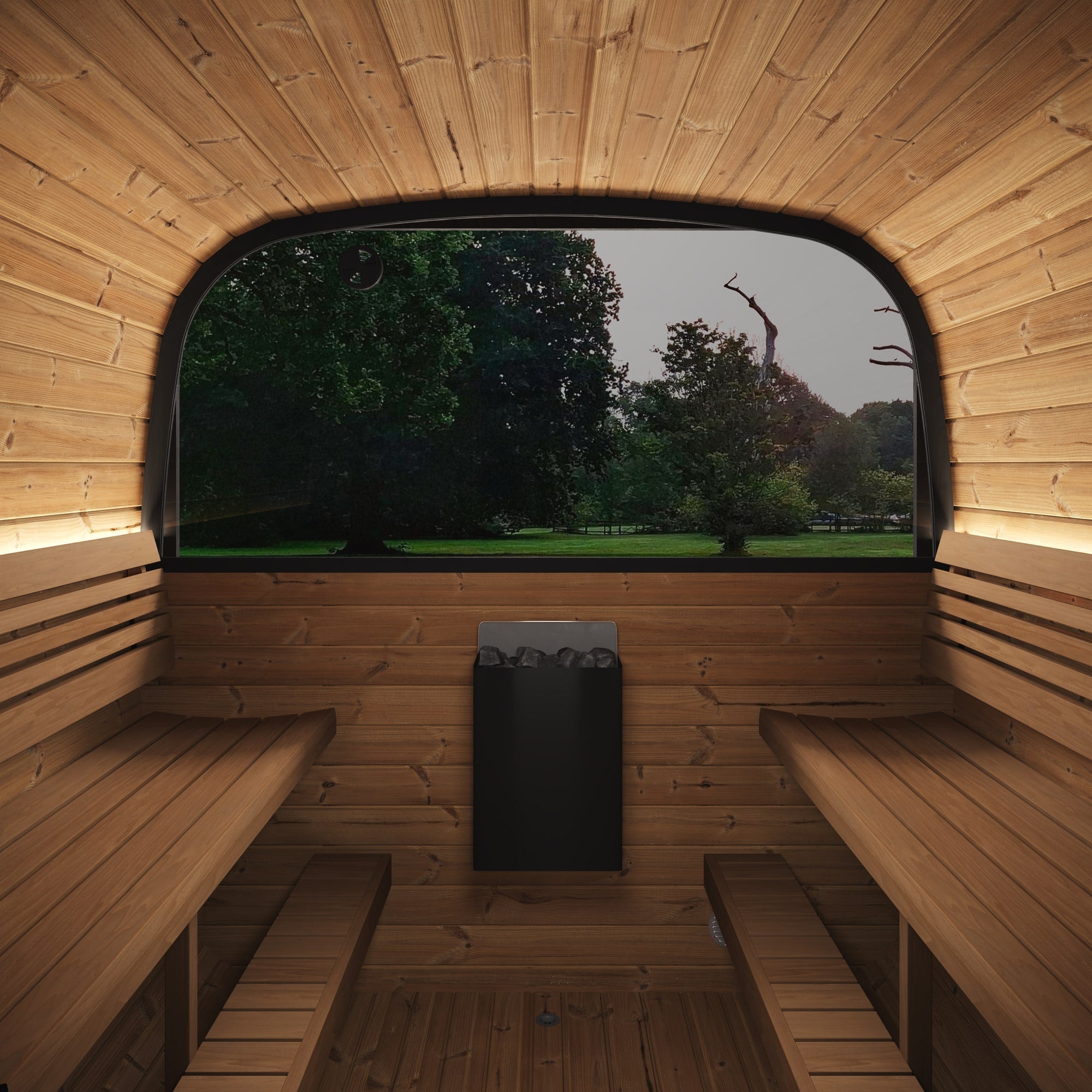 SaunaLife Model CL12GCP Cube Series Outdoor Sauna for 8 People Featuring Premium Wood Construction, Changing Room, Porch Seating and Panoramic Glass Window
