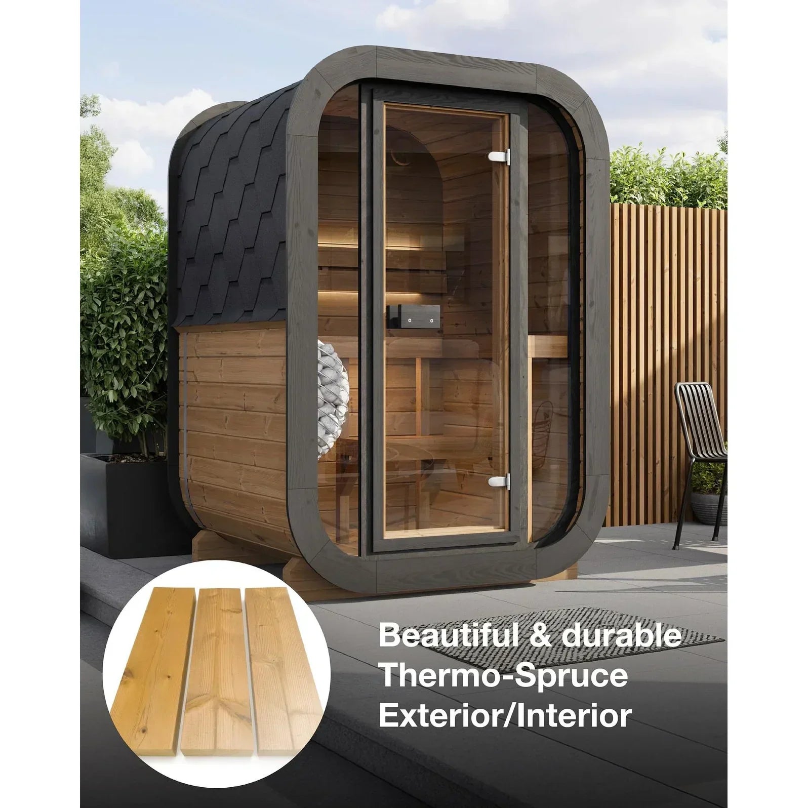 SaunaLife CL3G 1-2 Person Outdoor Traditional Cube Sauna with Full Glass Front, Thermo-Spruce Construction and Thermo-Aspen Seating