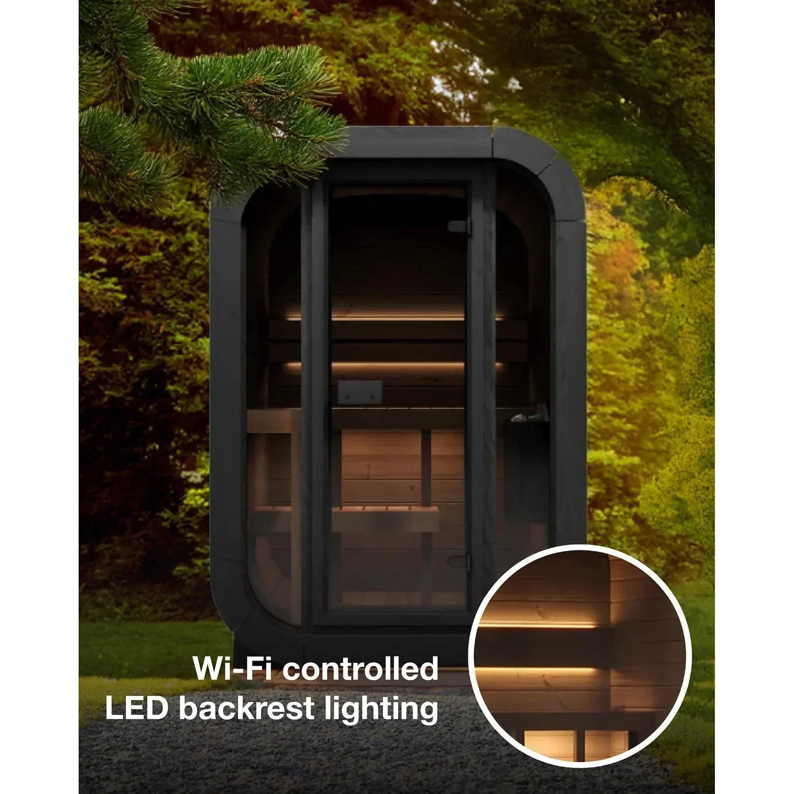 SaunaLife Cube Series CL3G Premium Outdoor Sauna Featuring Thermo-Aspen Benches and Panoramic Glass Front Wall