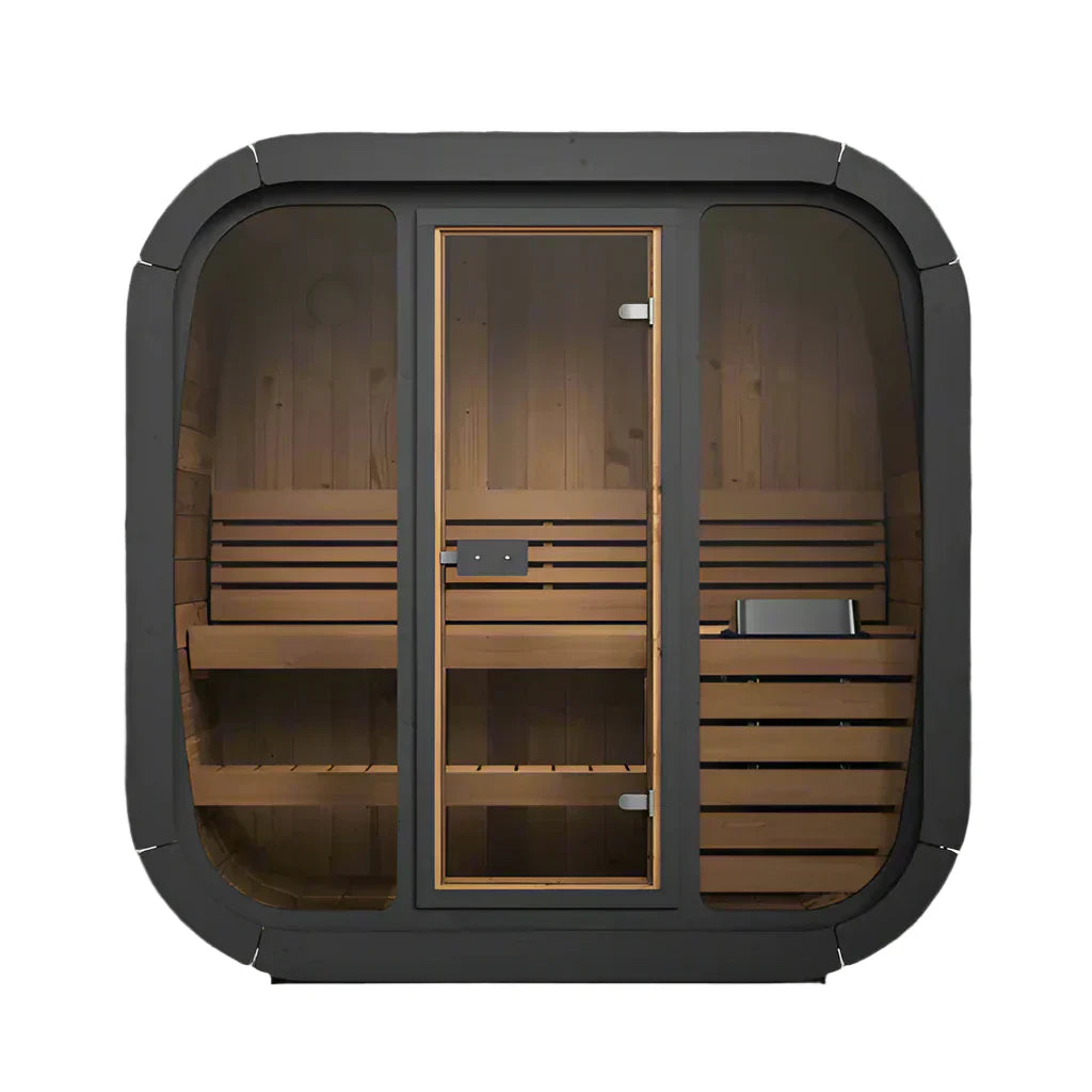 Sauna Kit with Full Glass Front, Thermo-Spruce Exterior and Luxury Scandinavian Design for 2 People