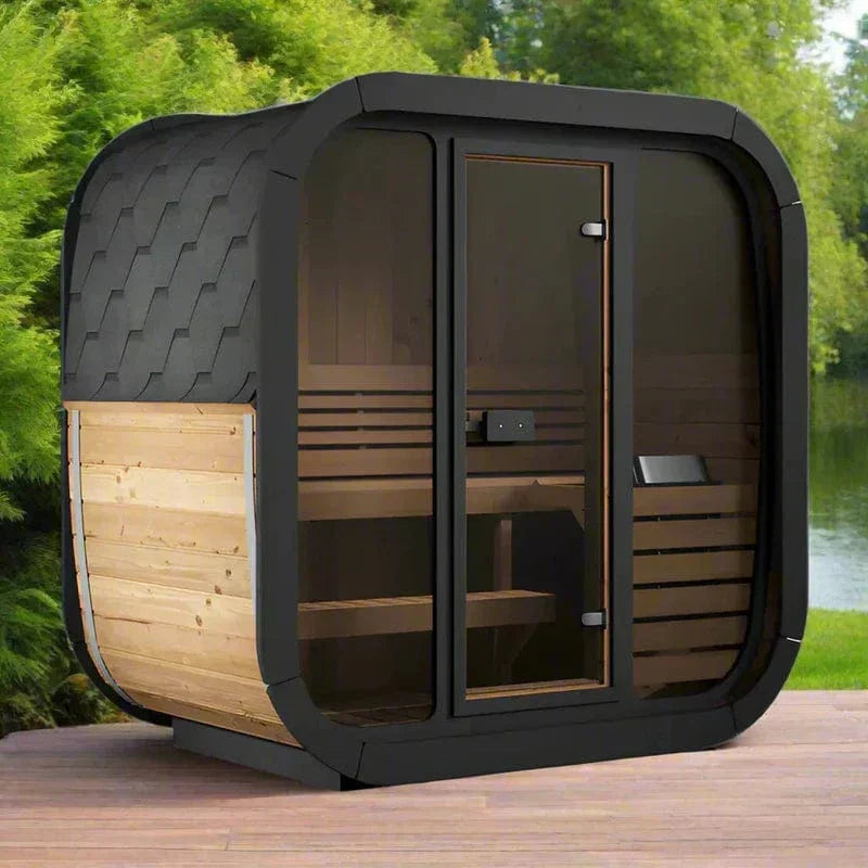 SaunaLife Cube Series CL4G Outdoor Sauna featuring panoramic glass front, thermo-aspen benches and premium thermo-spruce construction