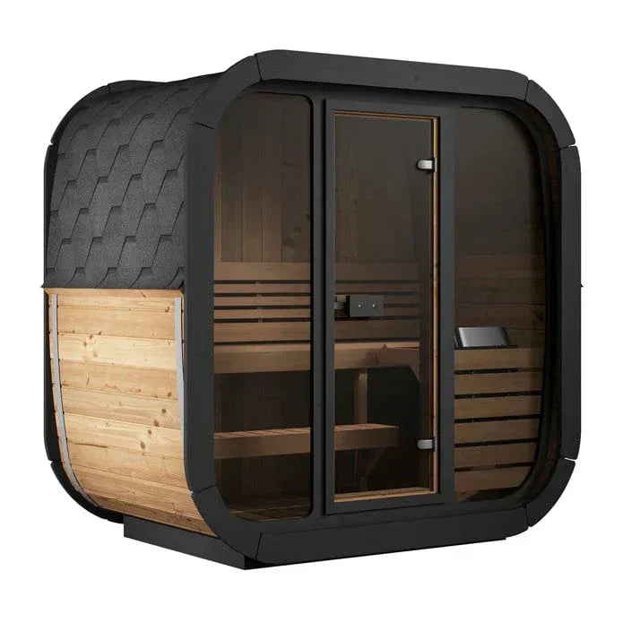 SaunaLife Model CL4G Outdoor Home Sauna Kit with Full Glass Front, Thermo-Spruce Exterior and Luxury Scandinavian Design for 2 People