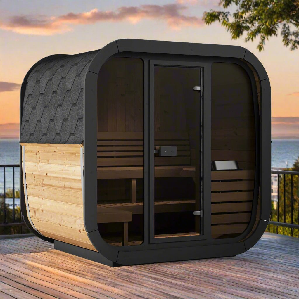 SaunaLife Cube CL5G Luxury Outdoor Sauna Kit with Panoramic Views and Thermally Modified Spruce Exterior