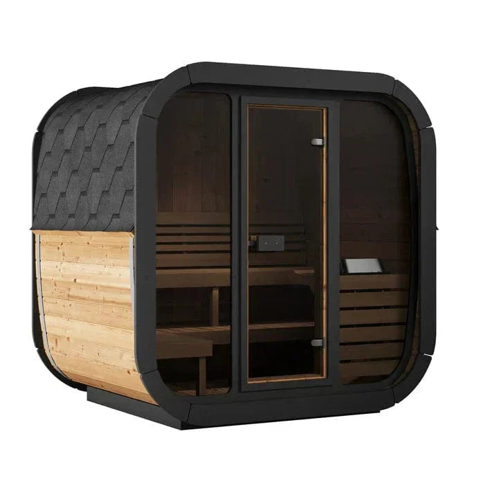 SaunaLife Cube-Series Model CL5G Outdoor Home Sauna Kit with Full Glass Front, Thermo-Spruce Exterior, and Spacious 4-Person Scandinavian Design
