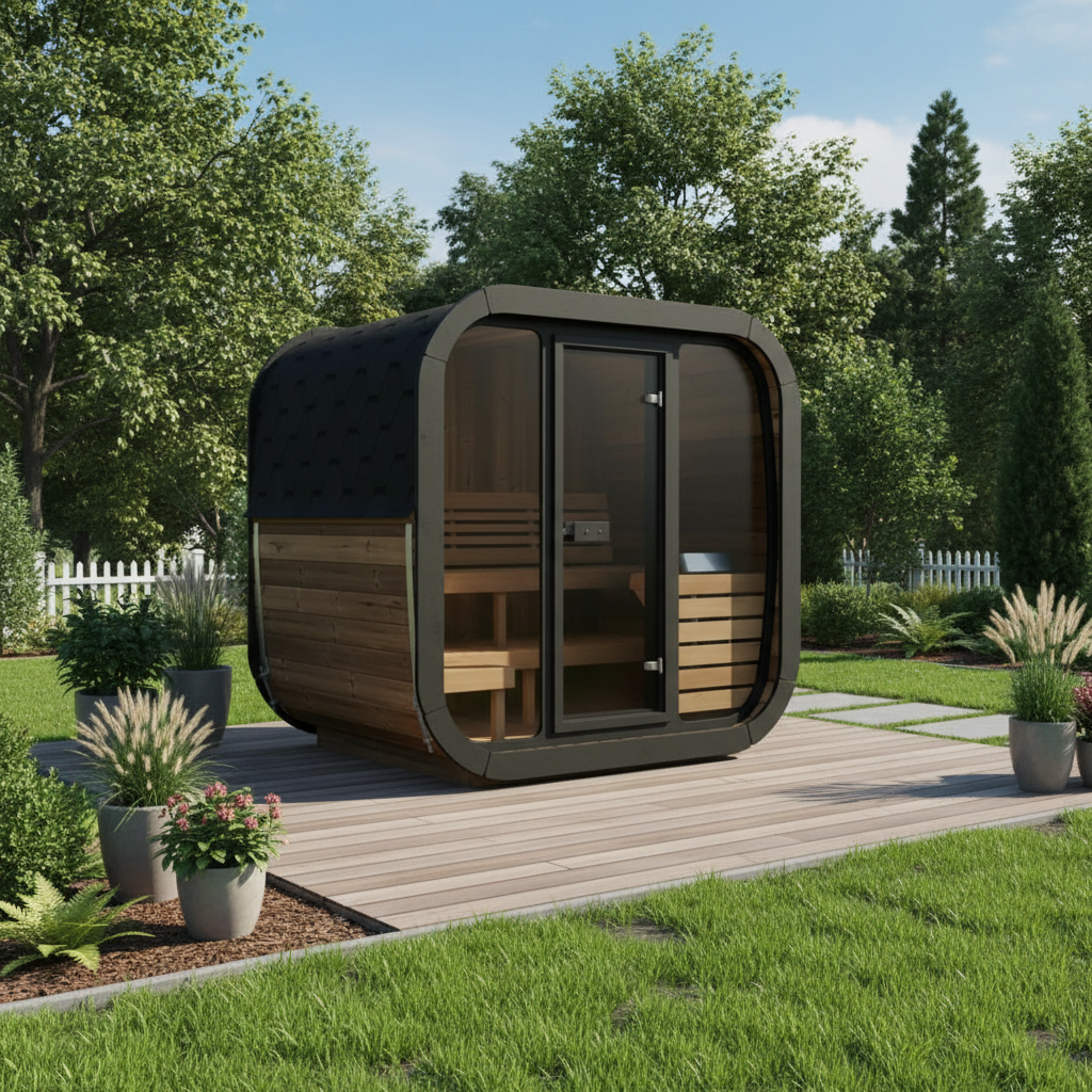SaunaLife CL5G Outdoor Sauna Kit Featuring Modern Scandinavian Design, Panoramic Glass Front, and Premium Thermo-Spruce Construction