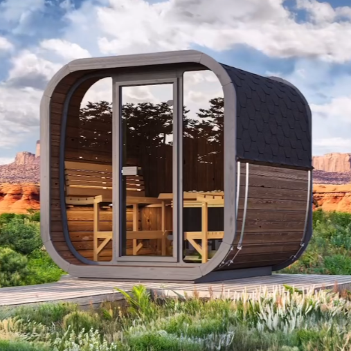 CL7G SaunaLife outdoor sauna, premium Scandinavian design with spacious interior and glass front wall