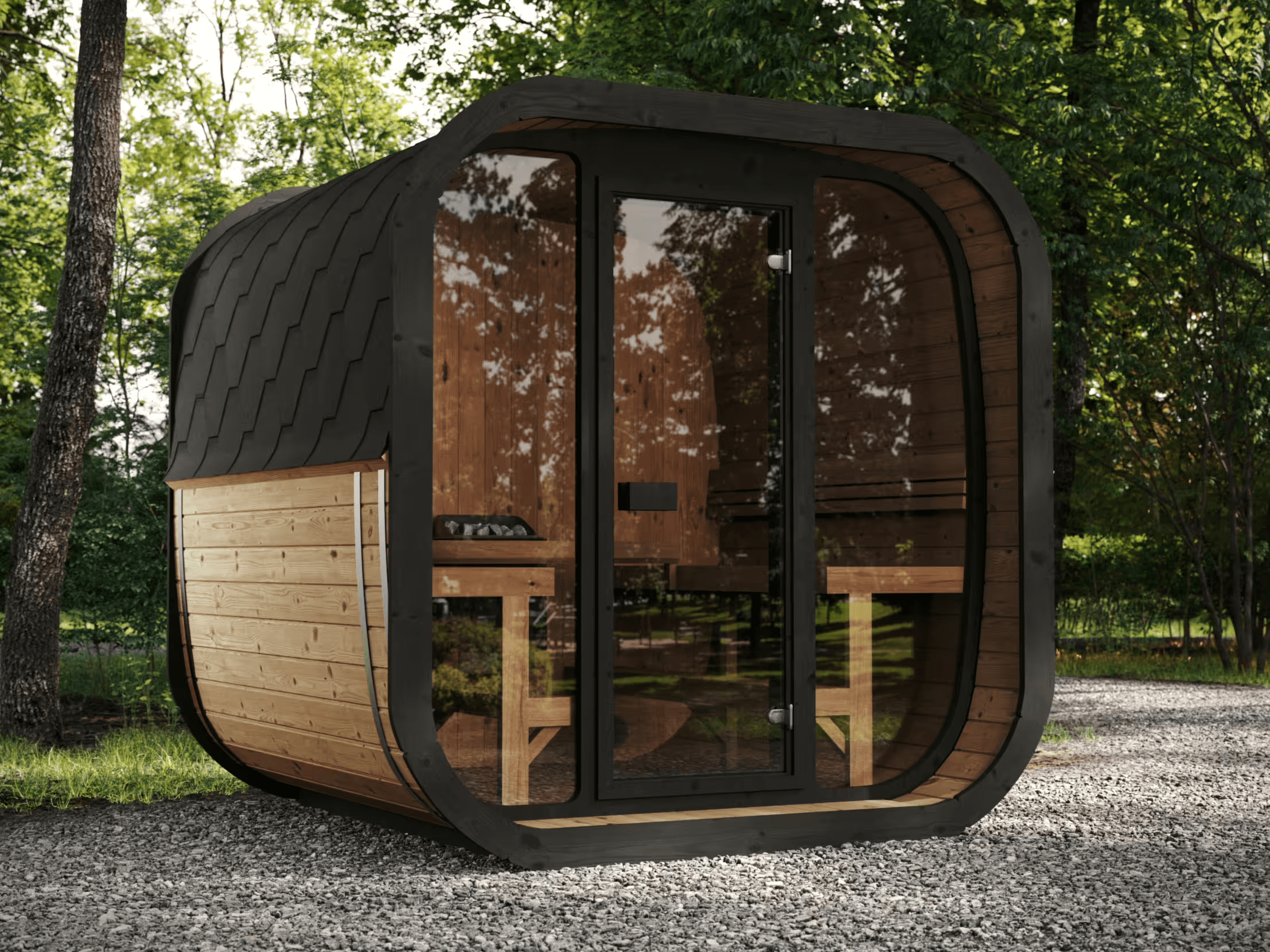 SaunaLife CL7G backyard sauna kit, modern glass front outdoor spa sauna for home wellness use