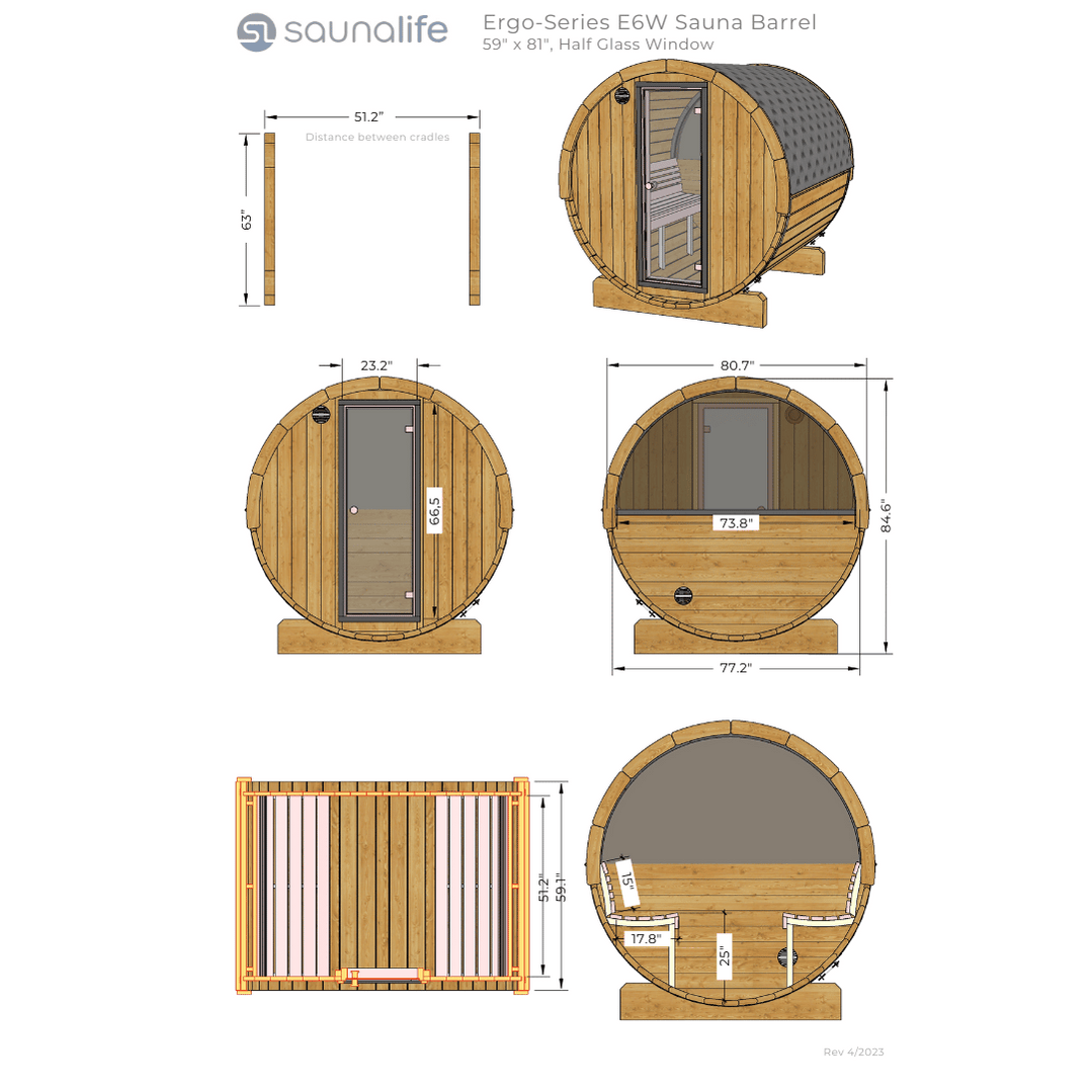 3 -person SaunaLife Model E6 ERGO Series barrel sauna front entrance outdoor cedar wood home wellness sauna cabin
