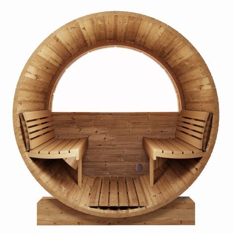 Premium SaunaLife Model E6W outdoor barrel sauna with window view, handcrafted Scandinavian-style sauna for luxury home wellness and comfort