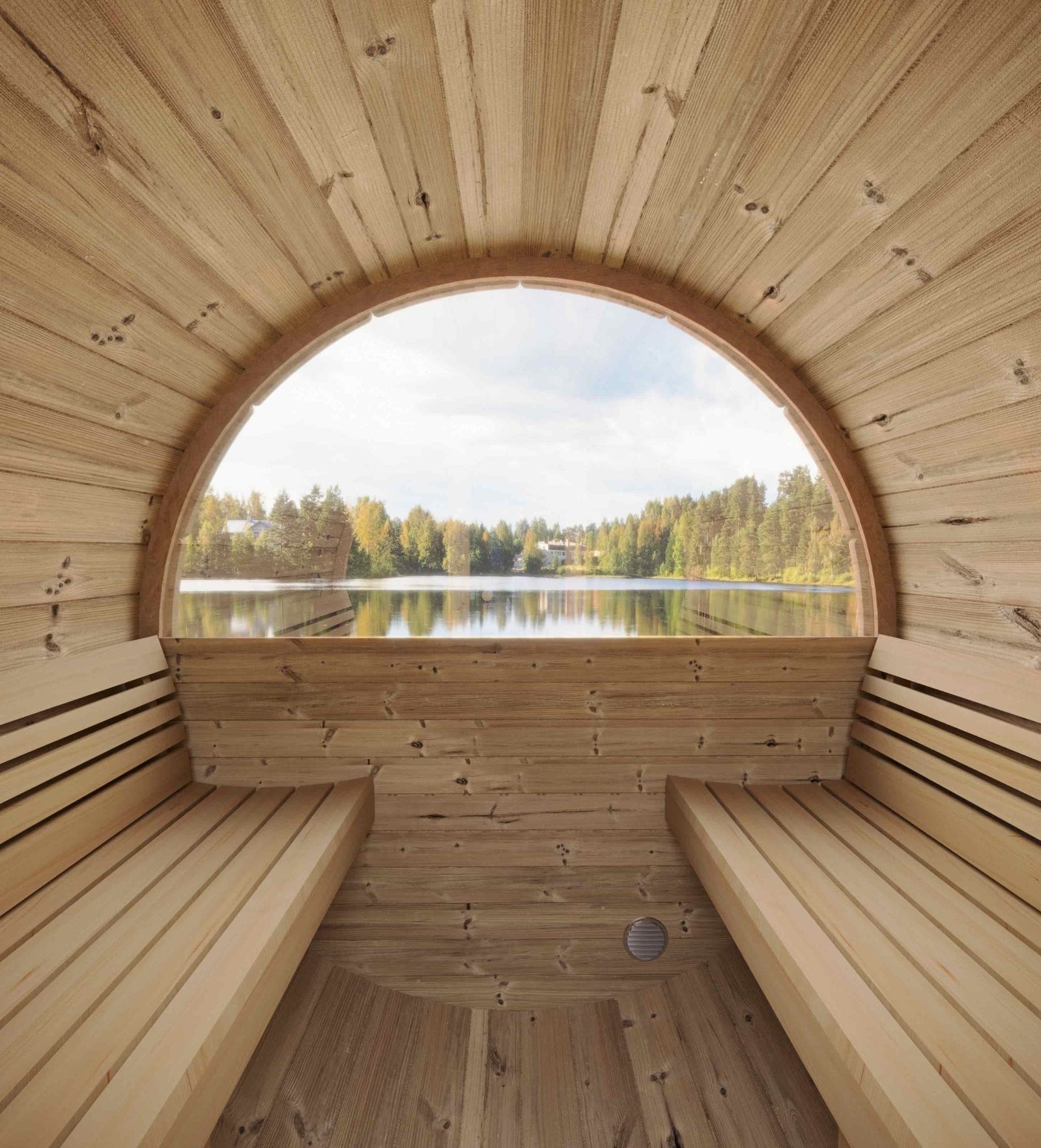 SaunaLife ERGO-Series E6W barrel sauna with side window, outdoor backyard sauna made from durable natural wood for spa relaxation and recovery