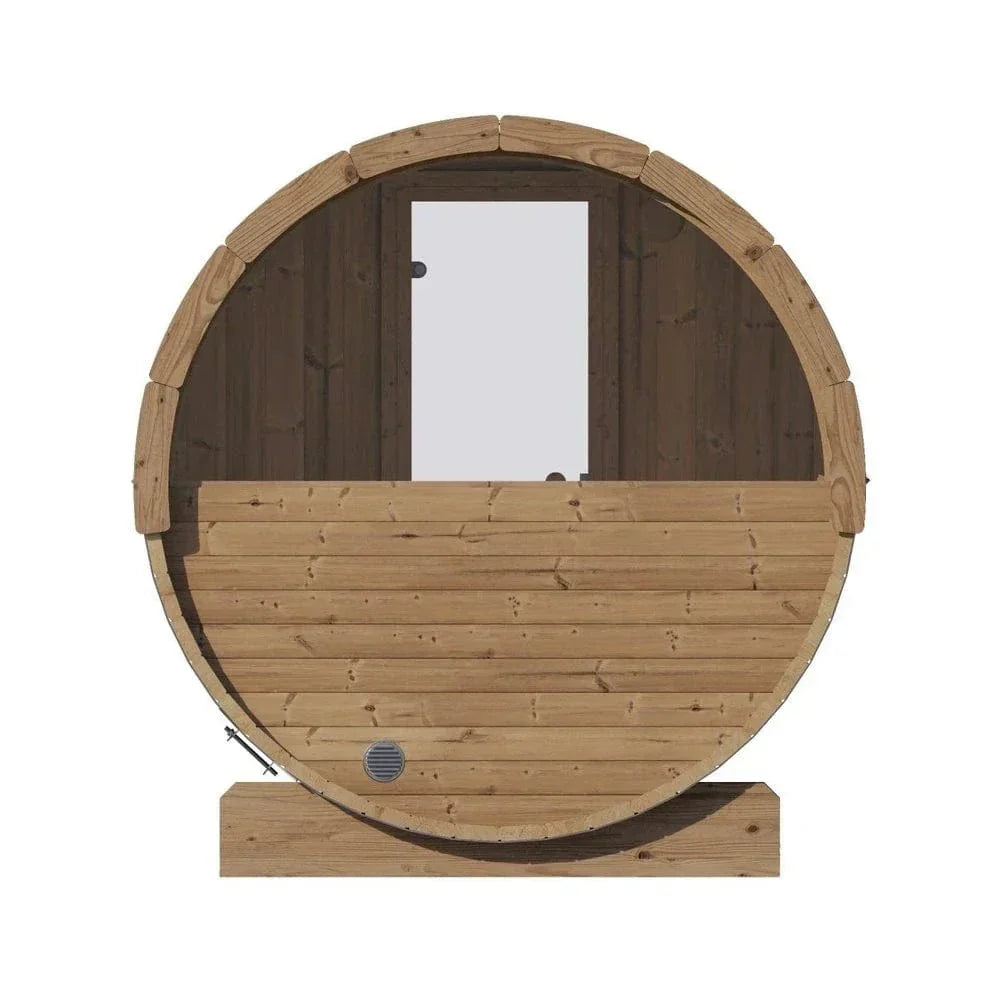 Luxury SaunaLife E6W barrel sauna with glass window, outdoor ergonomic sauna design, premium wood build for home garden relaxation and heat therapy