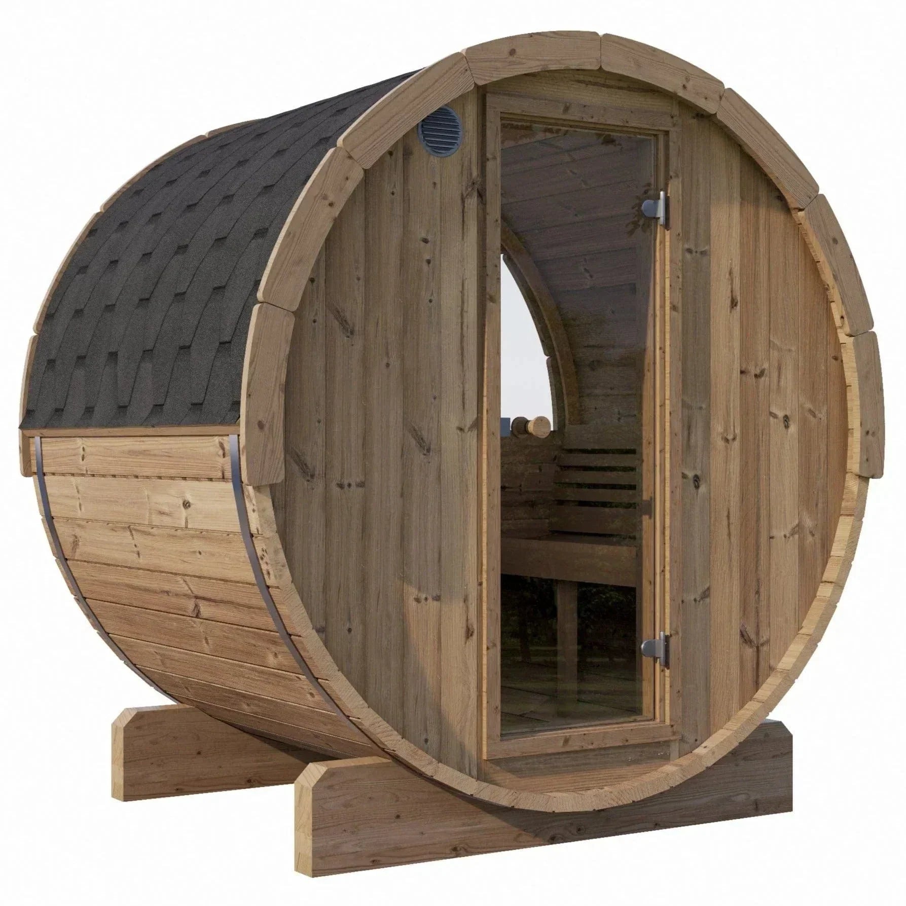 SaunaLife Model E6W Ergo-Series outdoor barrel sauna with window, premium Nordic spruce wood construction, ergonomic curved design, durable backyard home sauna for luxury wellness and relaxation