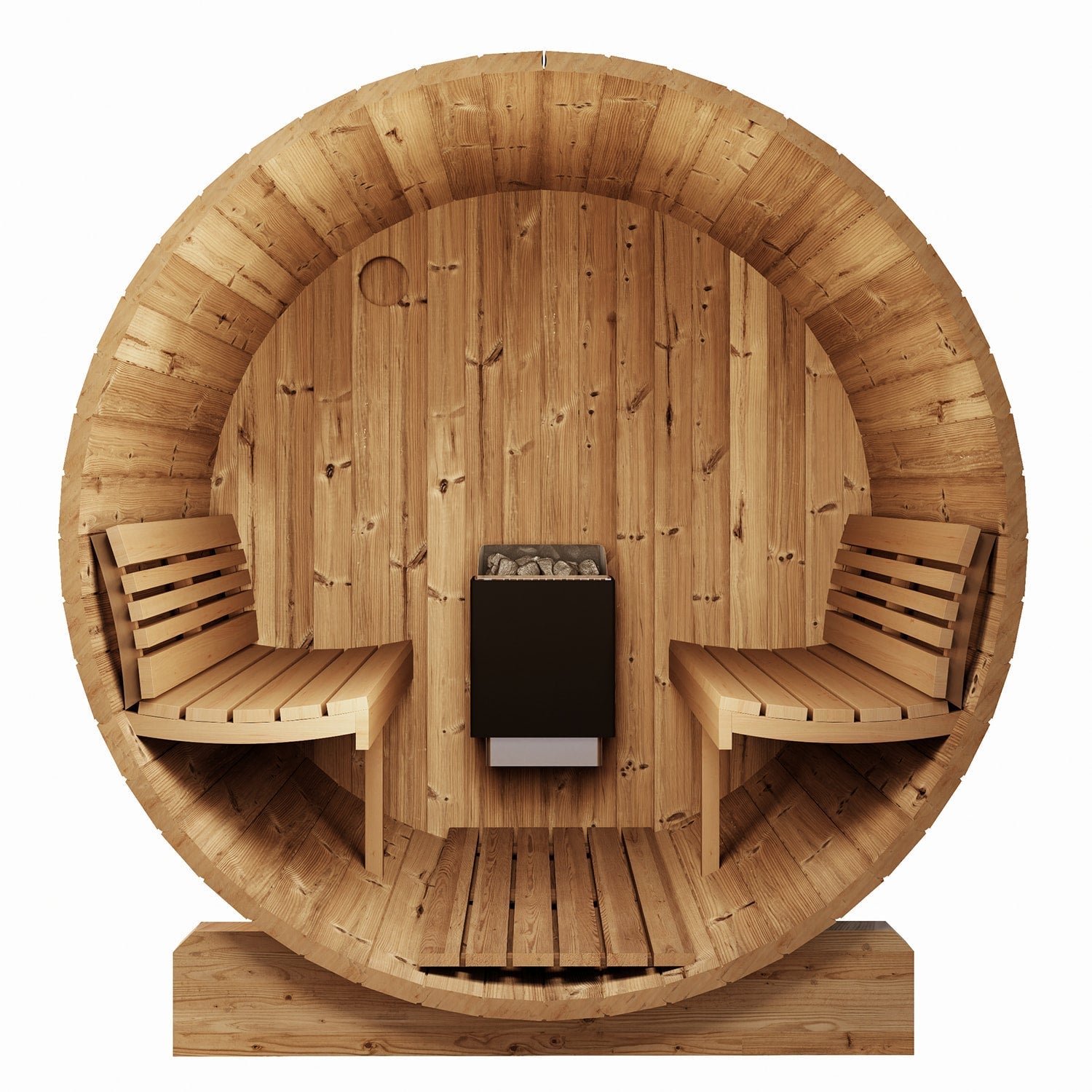 SaunaLife E7 outdoor sauna barrel with premium Thermo-Spruce build, dual floor drains, curved benches, and superior heat retention insulation design