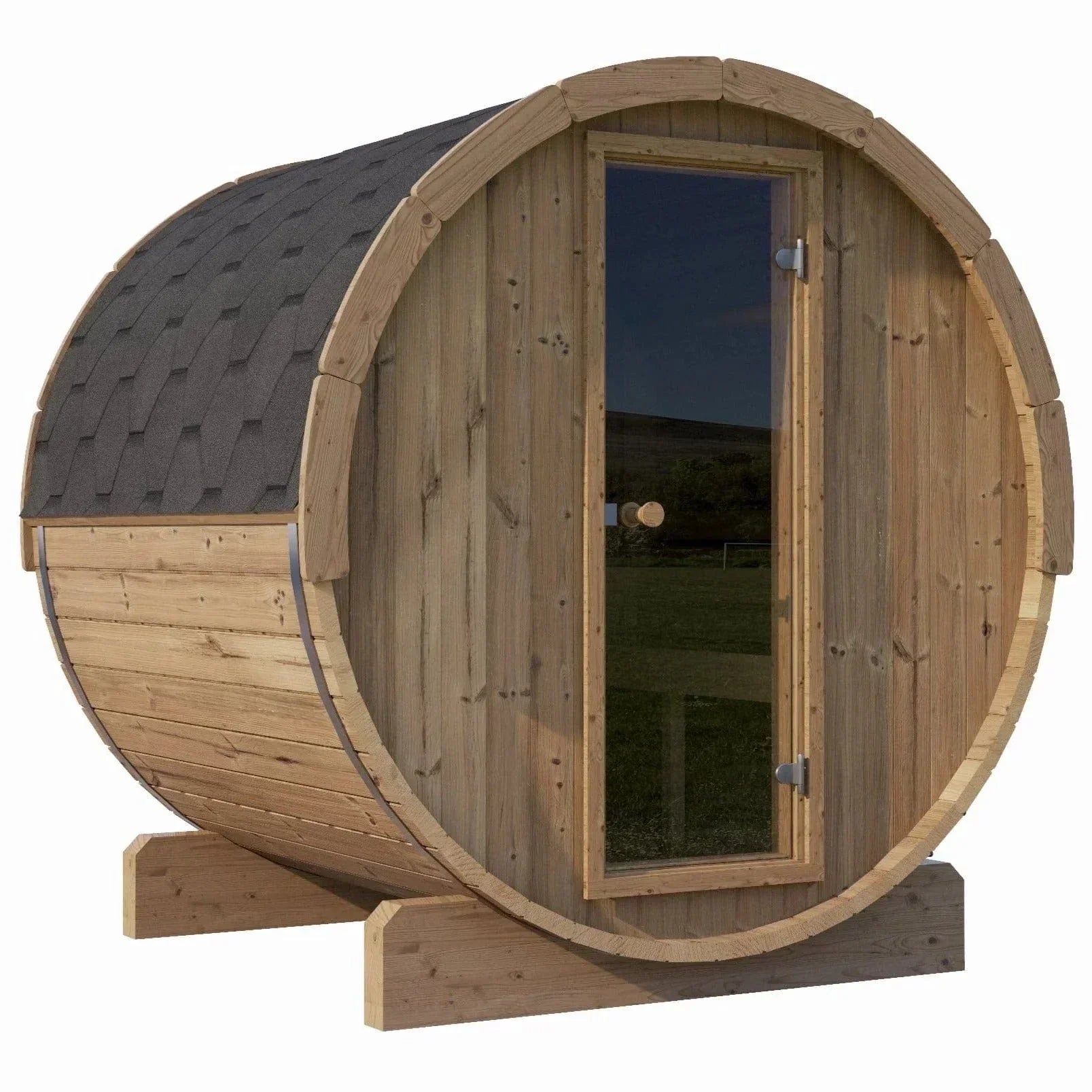 SaunaLife Model E7 outdoor barrel sauna made from Thermo-Spruce wood with ergonomic curved design, spacious 6’5” interior height, and premium black shingle roof kit for luxury home wellness use