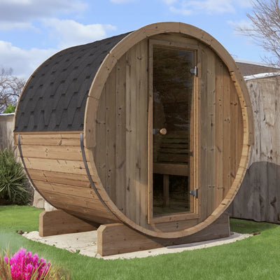 SaunaLife E7W ERGO-Series outdoor barrel sauna with window, premium backyard wellness sauna designed for comfort, durability, and natural relaxation therapy