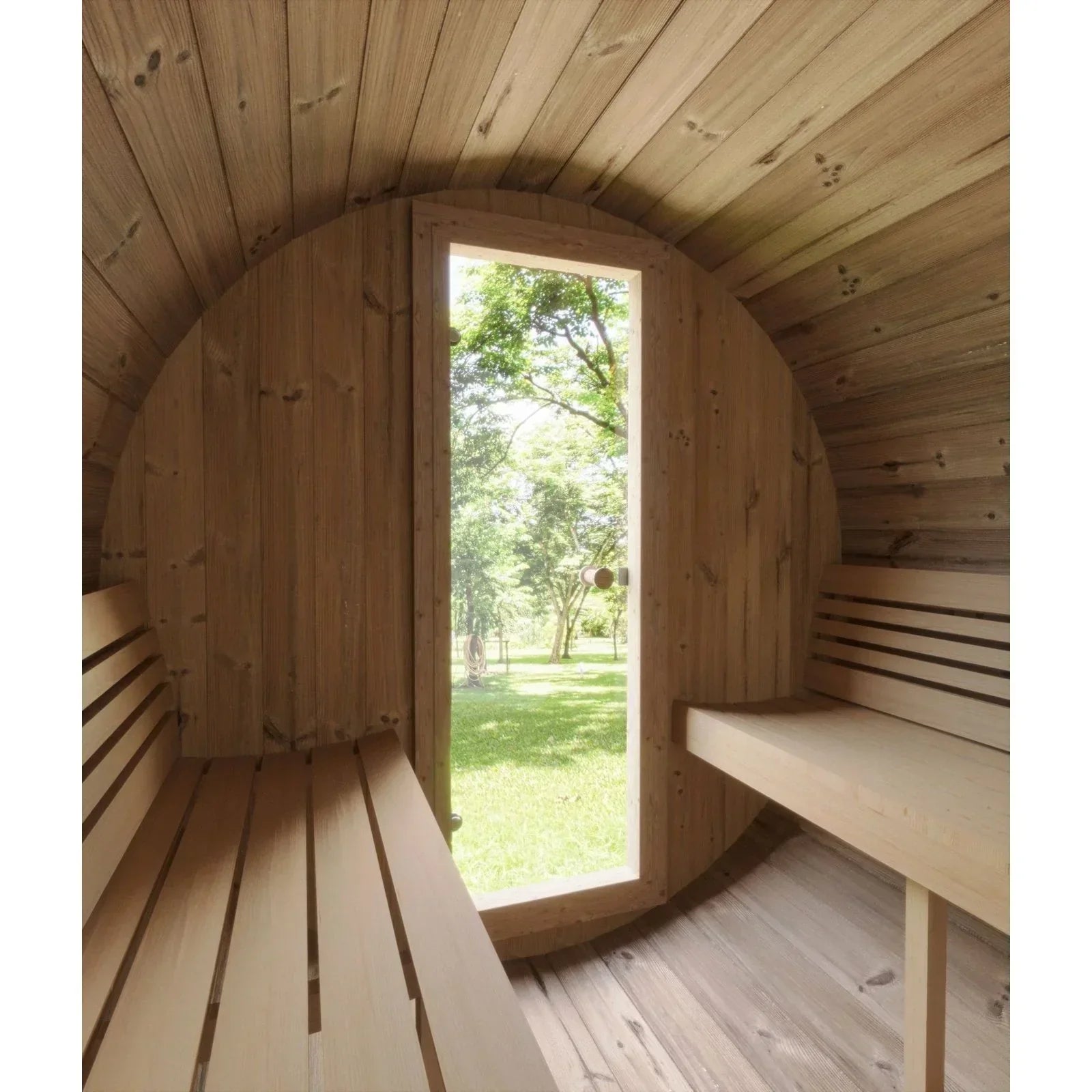 Premium SaunaLife E7W outdoor barrel sauna with window, ERGO-Series design for superior comfort, natural wood construction, and home spa use