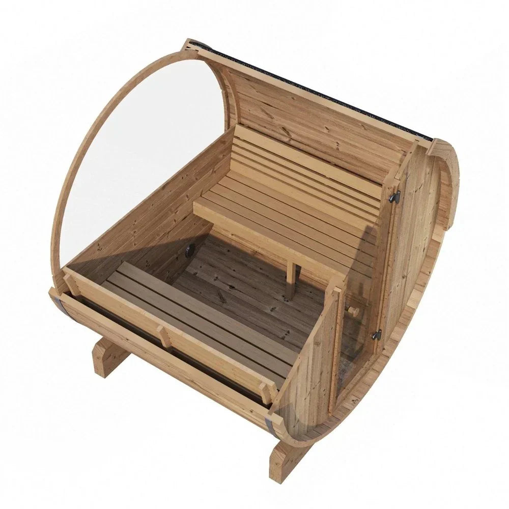 SaunaLife E7W ERGO-Series barrel sauna with panoramic window, premium outdoor backyard sauna designed for comfort, durability, and relaxation therapy